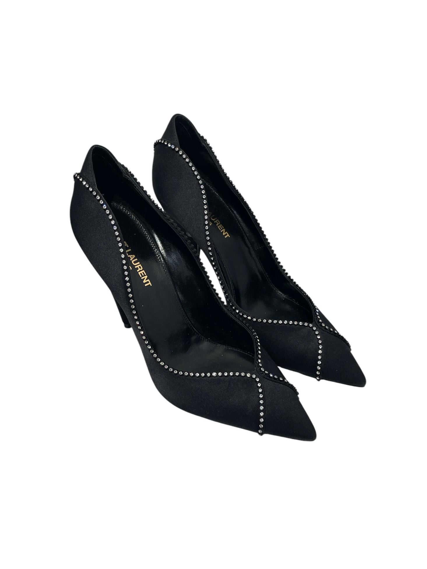 SAINT LAURENT/Heels/EU 38/Glitter/Silk/BLK/Pointed-Toe/CRYSTAL PUMPS view 1