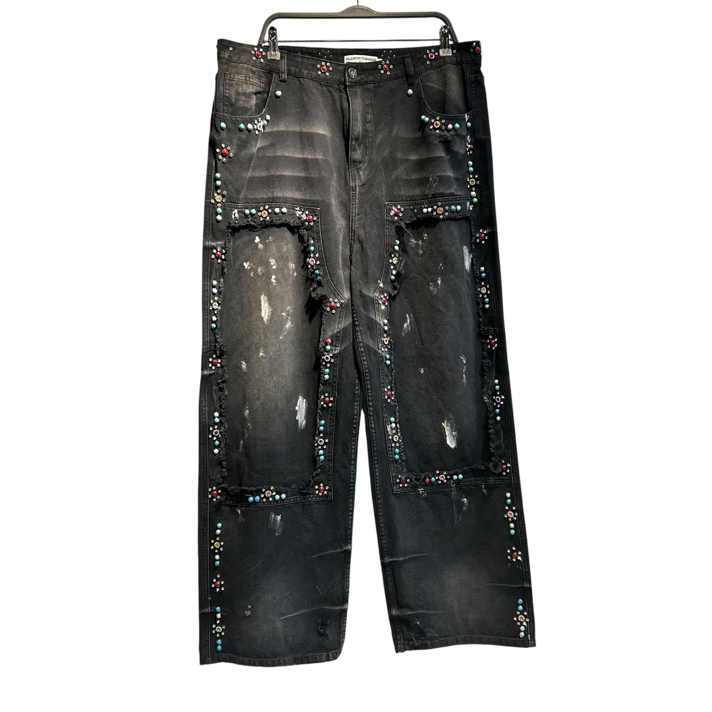 vale/Carpenter Pants/34/Denim/BLK/Distressed/bejeweled view 1