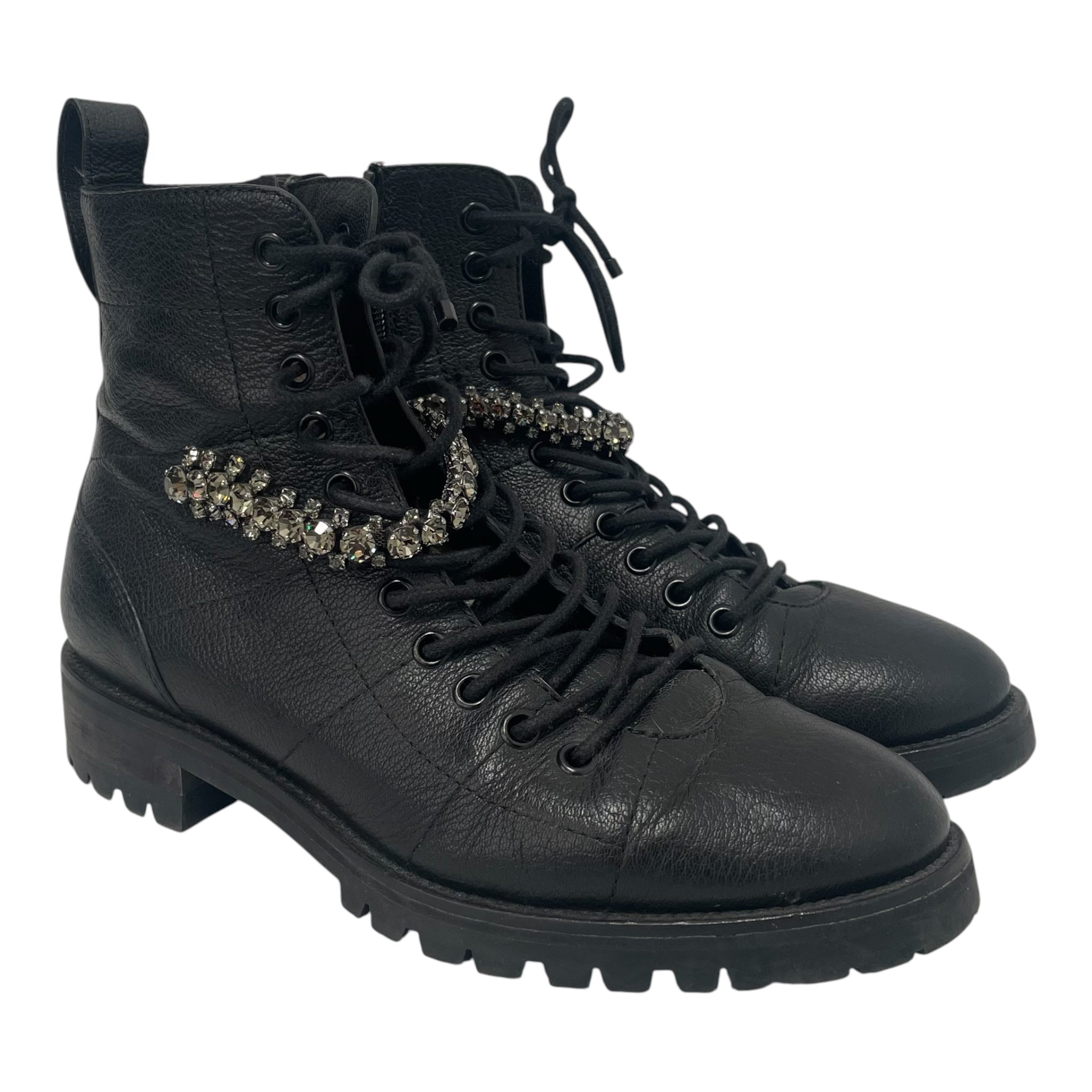 JIMMY CHOO/Lace Up Boots/US 7/Leather/BLK/COMBAT BOOT RHINESTONE STRAP view 1