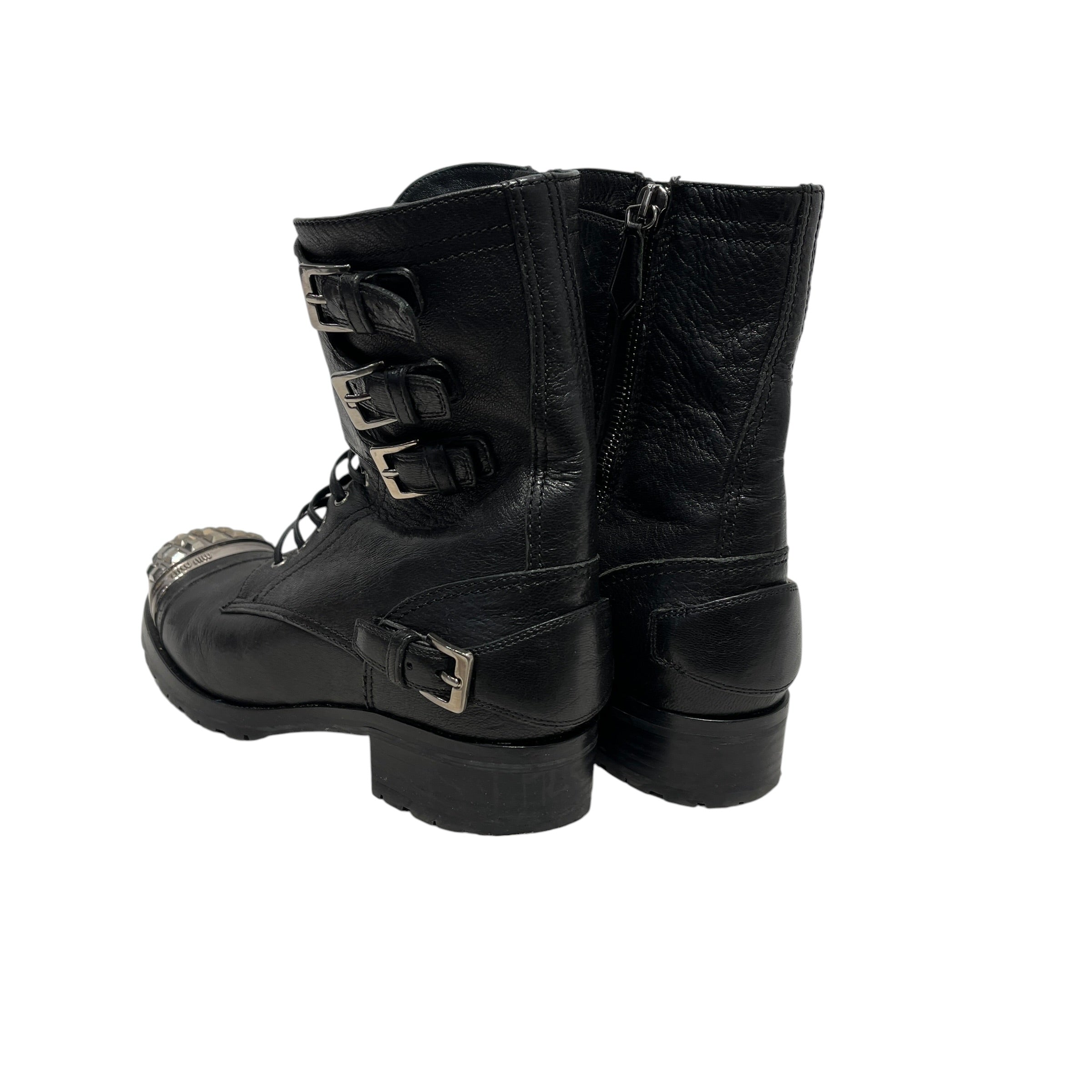MIU MIU/Lace Up Boots/EU 37/Leather/BLK/embellished toe combat boots view 2