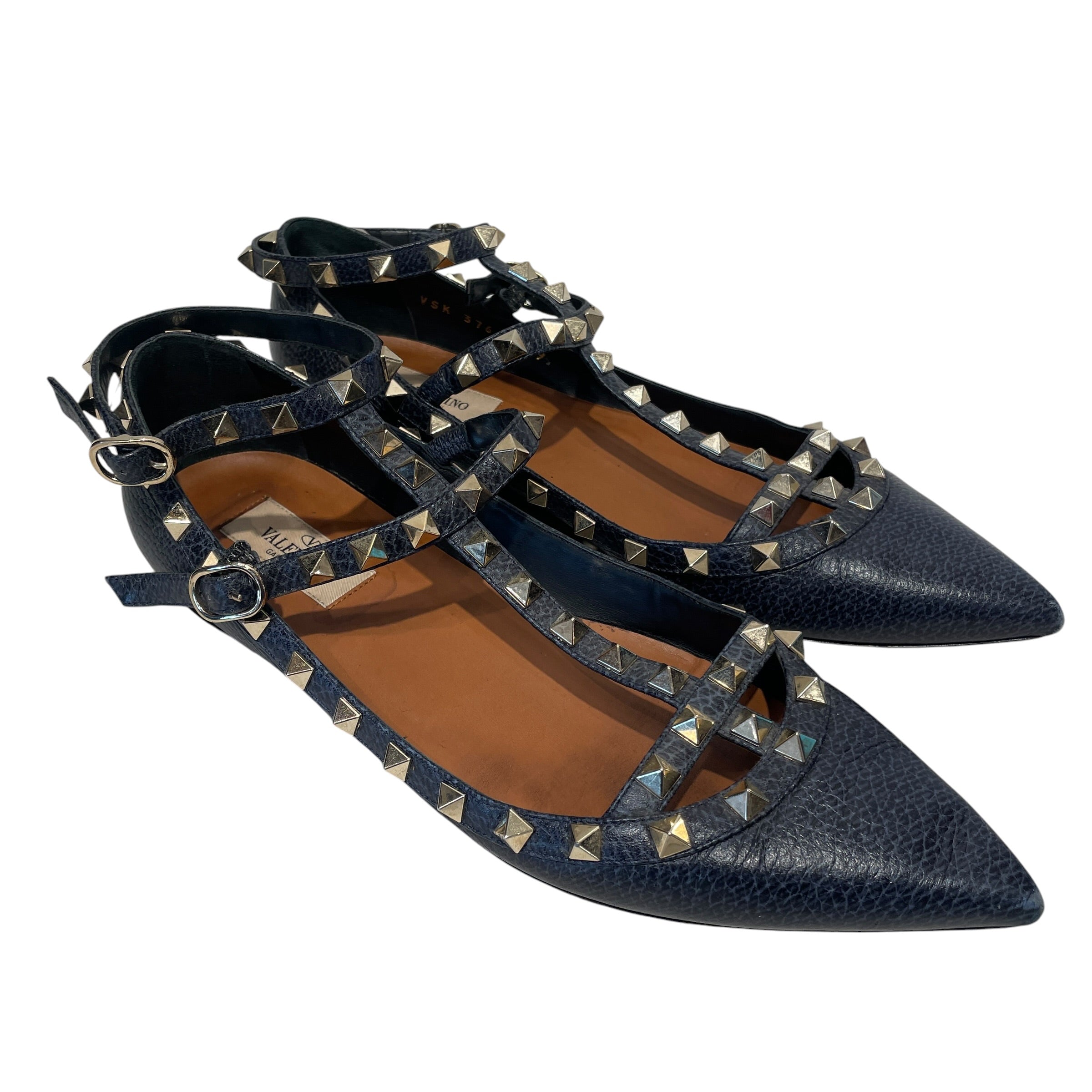 VALENTINO GARAVANI/Flat Shoes/EU 39/Border/Leather/NVY/Ankle Strap/point toe/ gold studs view 1