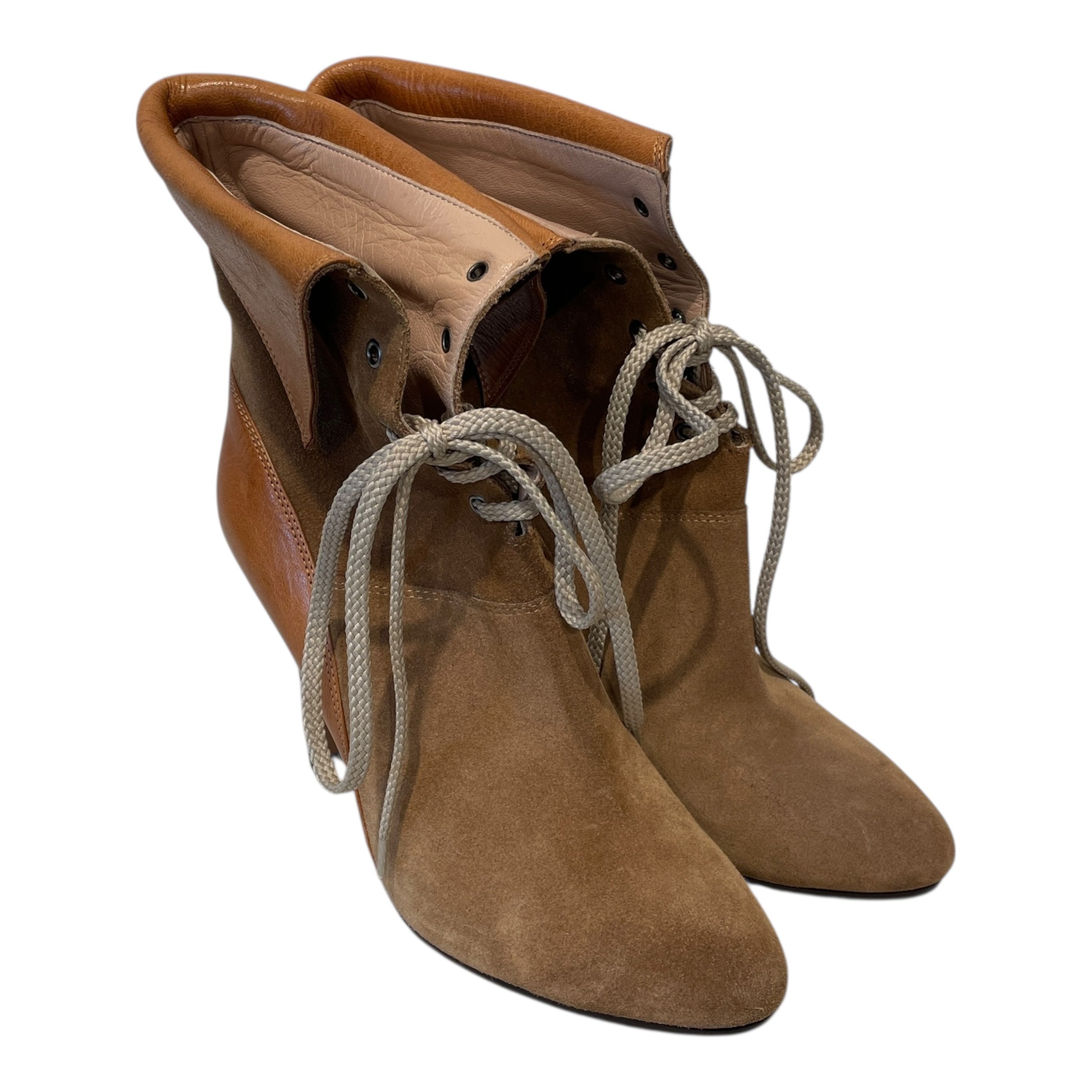 Chloe/Booties/EU 36/Suede/CML/lace up/ leather foldover/heel view 1