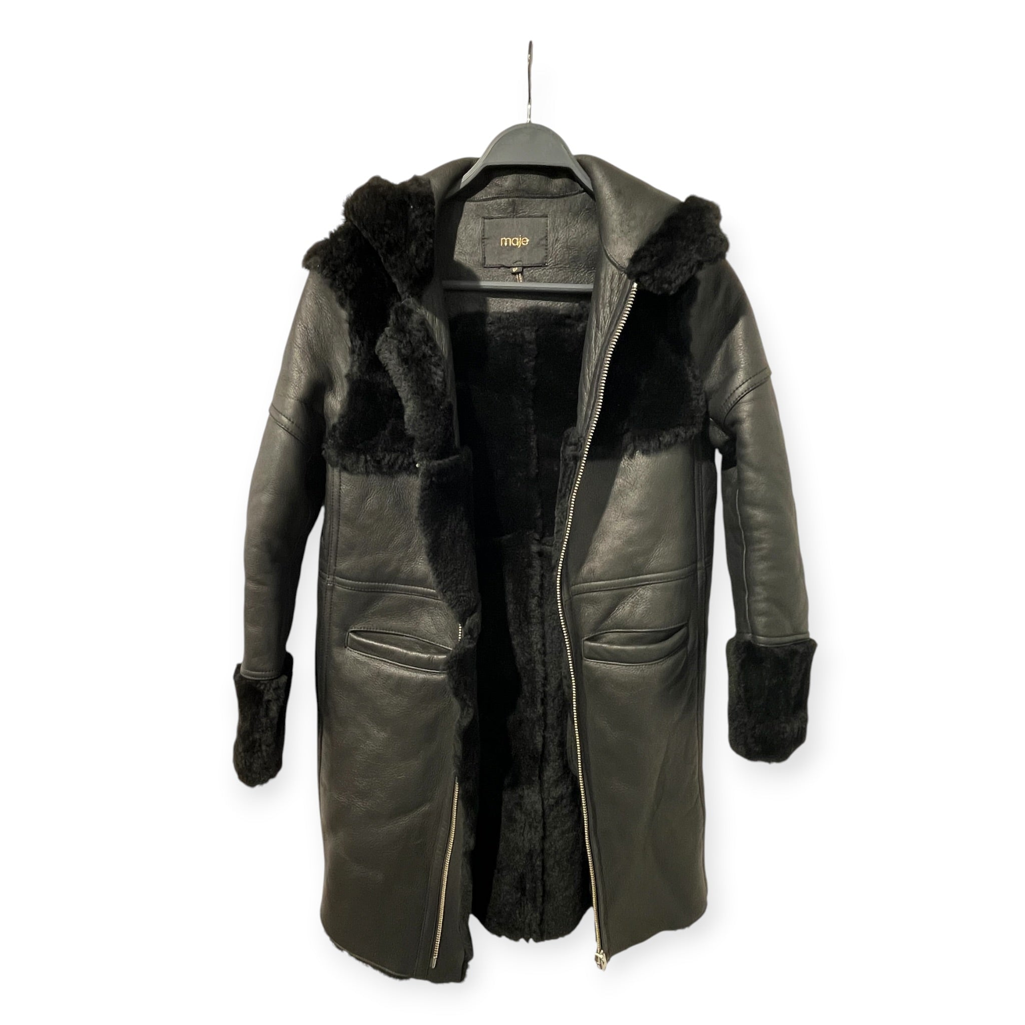maje/Leather Jkt/36/Leather/BLK/SHEARLING LINING/ HOOD view 3