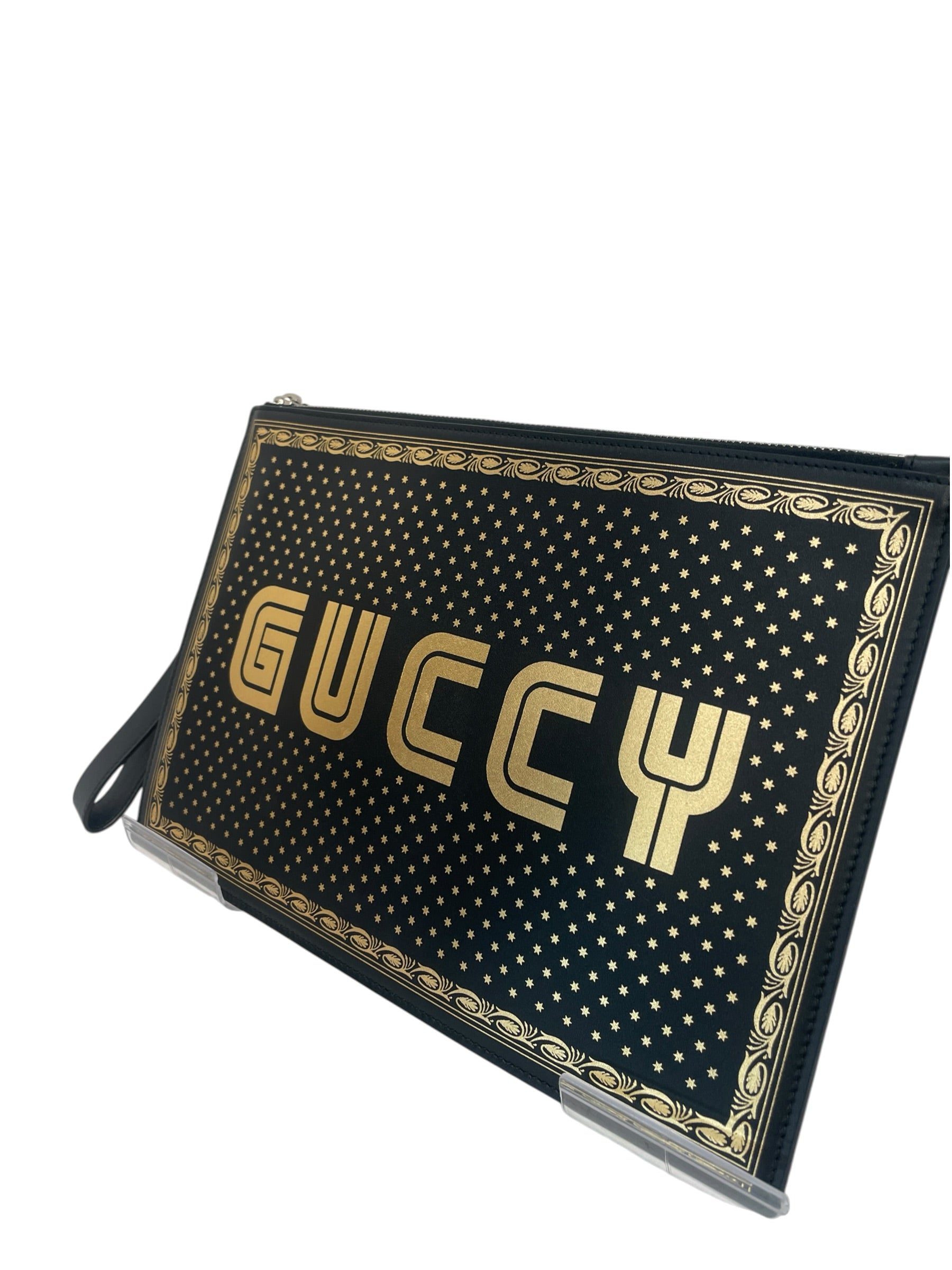 GUCCI/Pouch/All Over Print/Leather/BLK/eather guccy clutch view 1