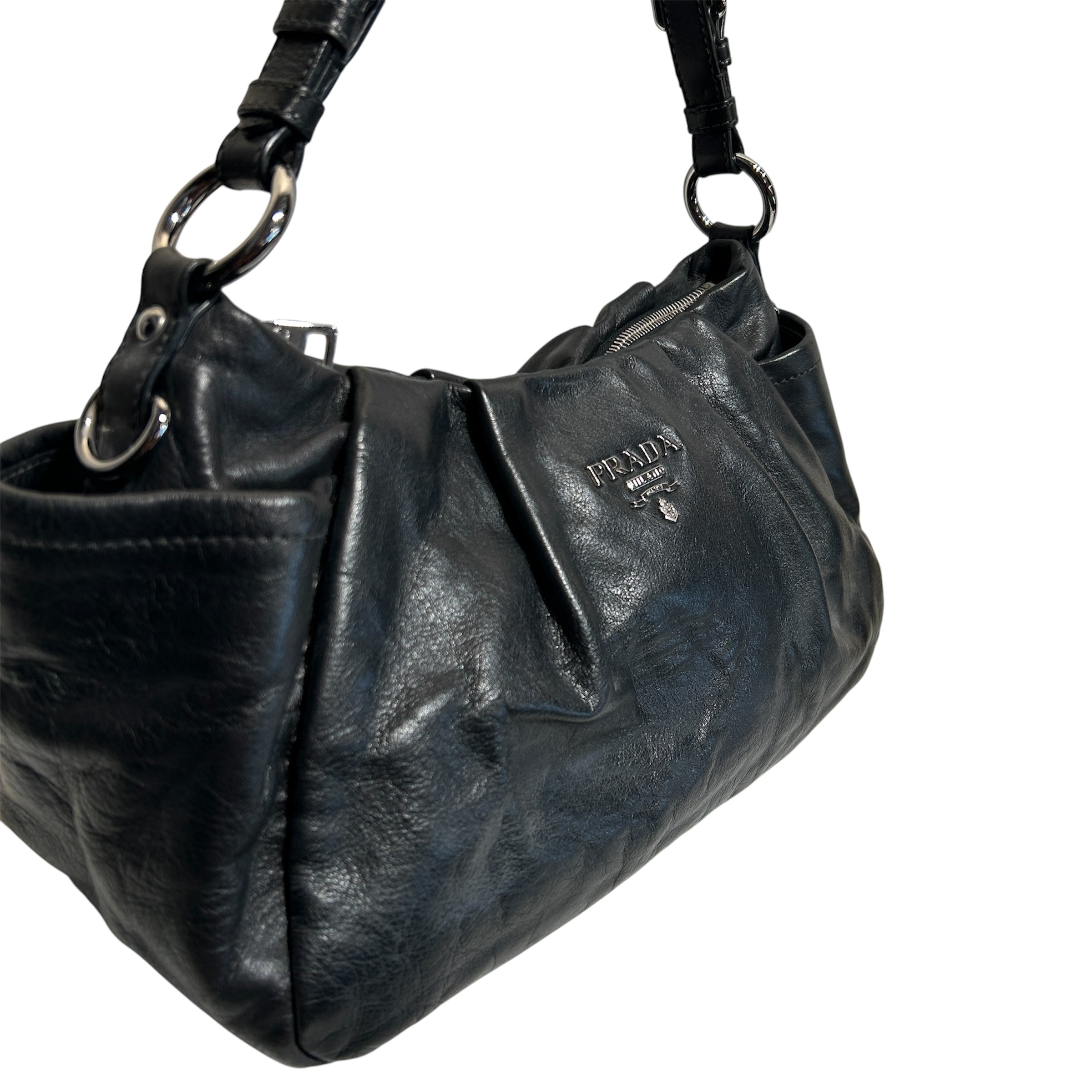 PRADA/Hand Bag/Leather/BLK/LEATHER HOBO BAG LG LOGO view 6