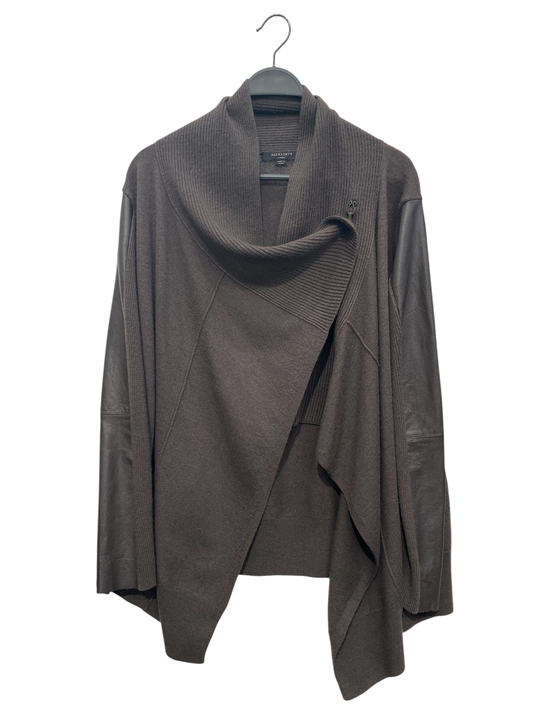 ALLSAINTS/Cardigan/L/Wool/GRY/LEATHER SLEEVE KNIT CARDIGAN view 1