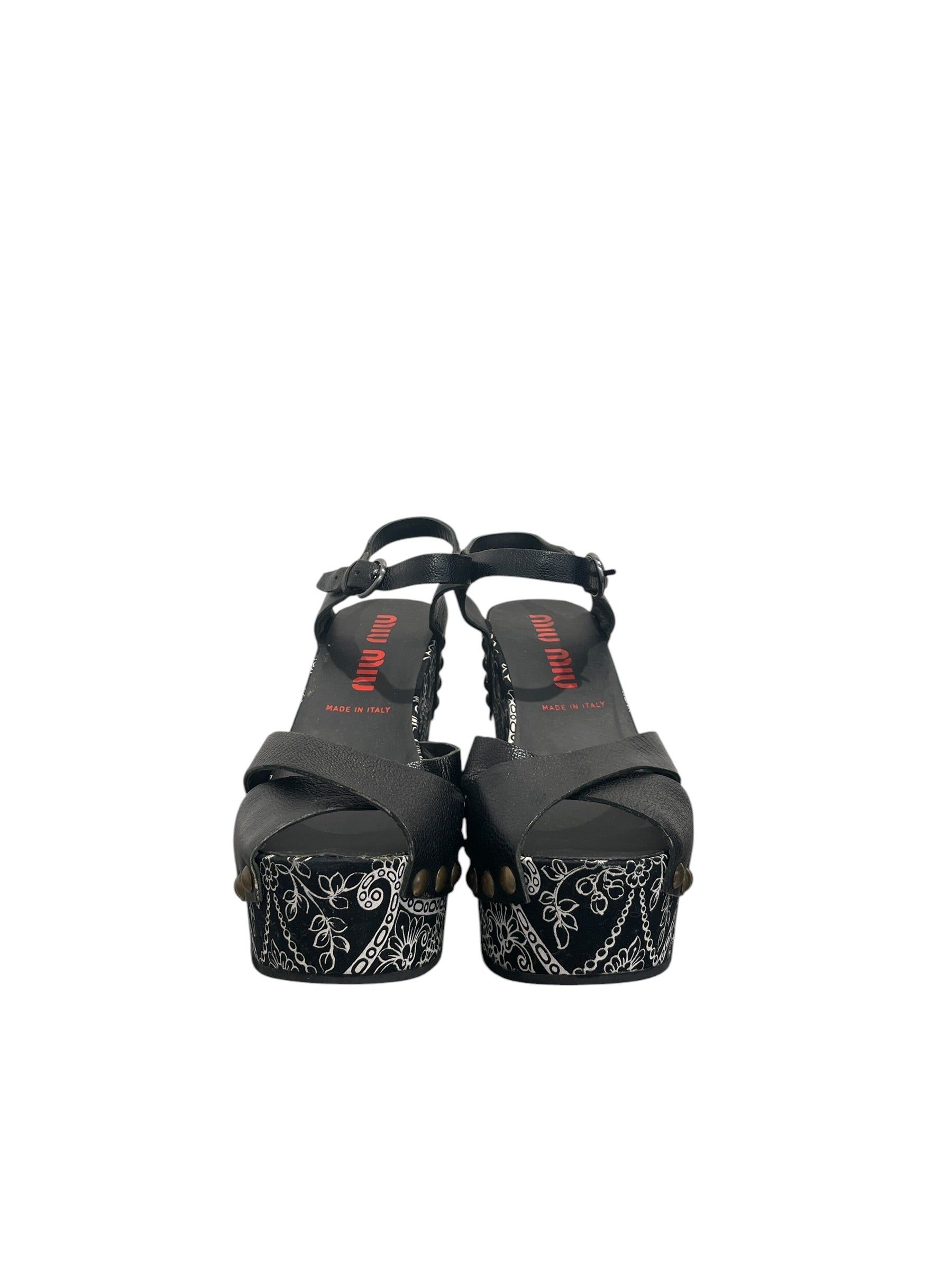 MIU MIU/Heels/EU 37/Floral Pattern/Leather/BLK/STUDDED WEDGE PLATFORMS view 4