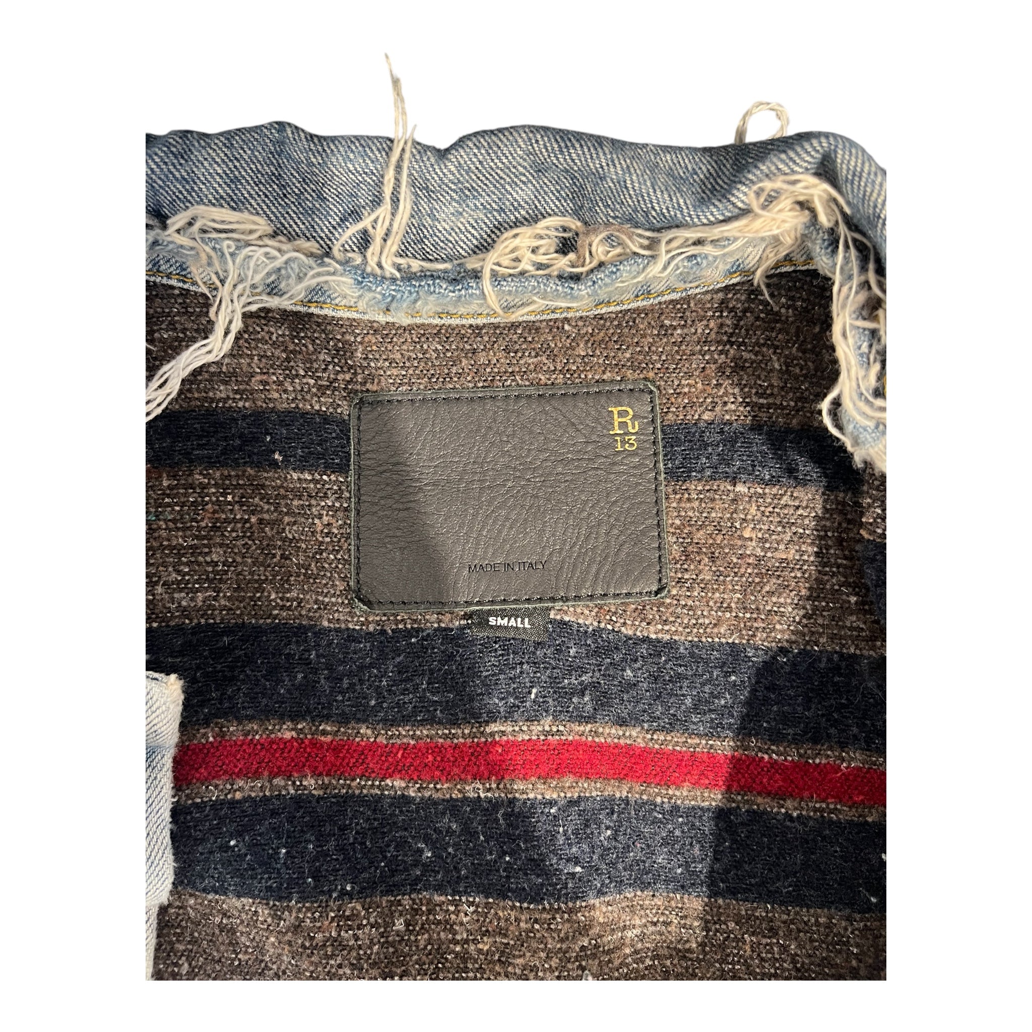 R13/Denim Jkt/S/Cotton/IDG/heavy distress stripe interior view 3