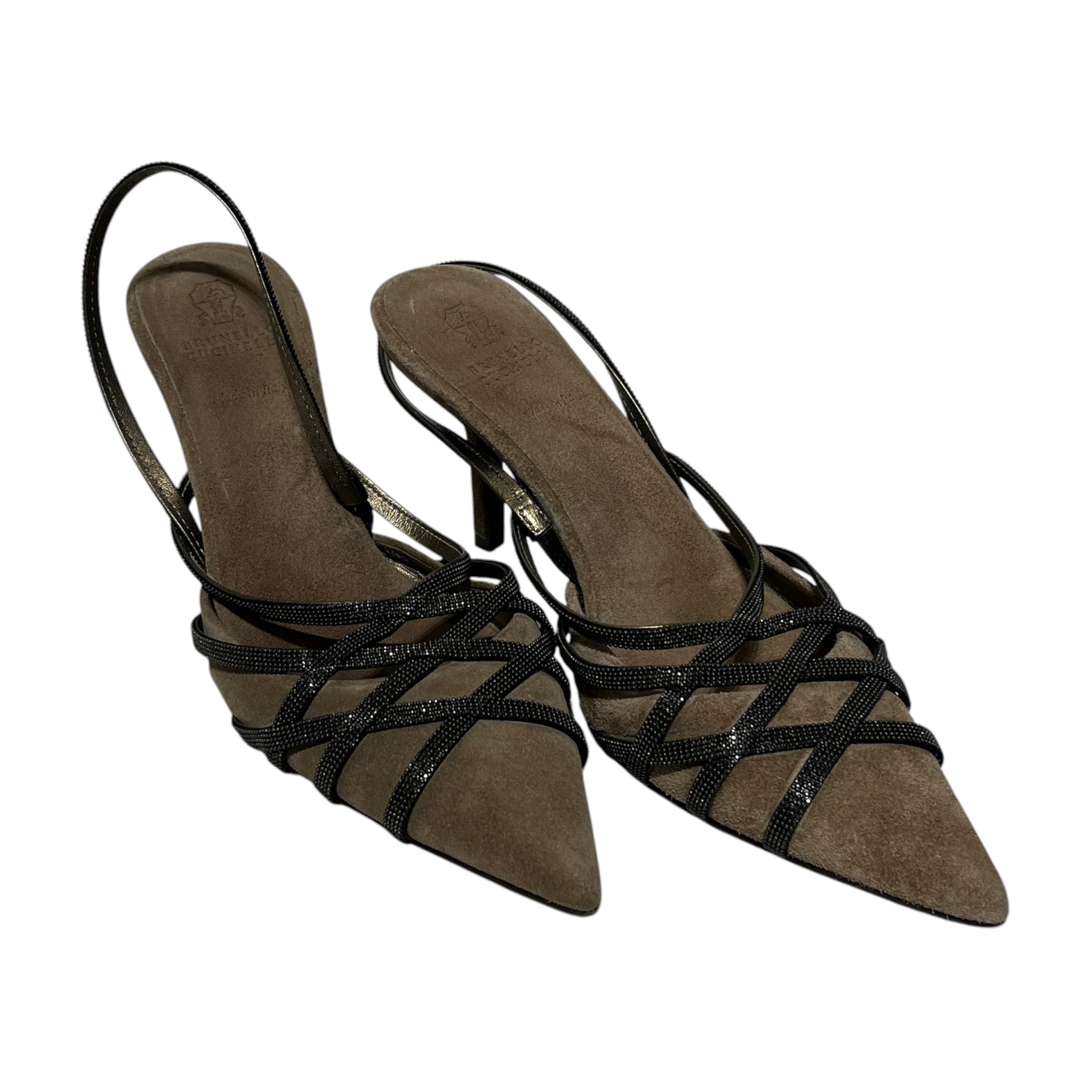 BRUNELLO CUCINELLI/Heels/EU 37/Suede/KHK/Ankle Strap/ALL OVER GEMS view 1