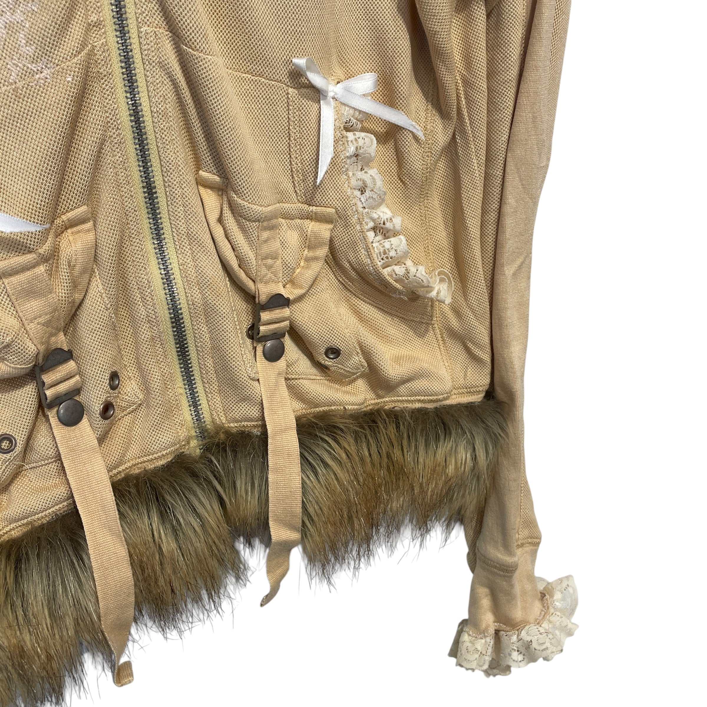 DA-NANG/Zip Up Hoodie/XS/All Over Print/Silk/BEG/fur&lacetrim/cargo/bows/cute<3 view 3