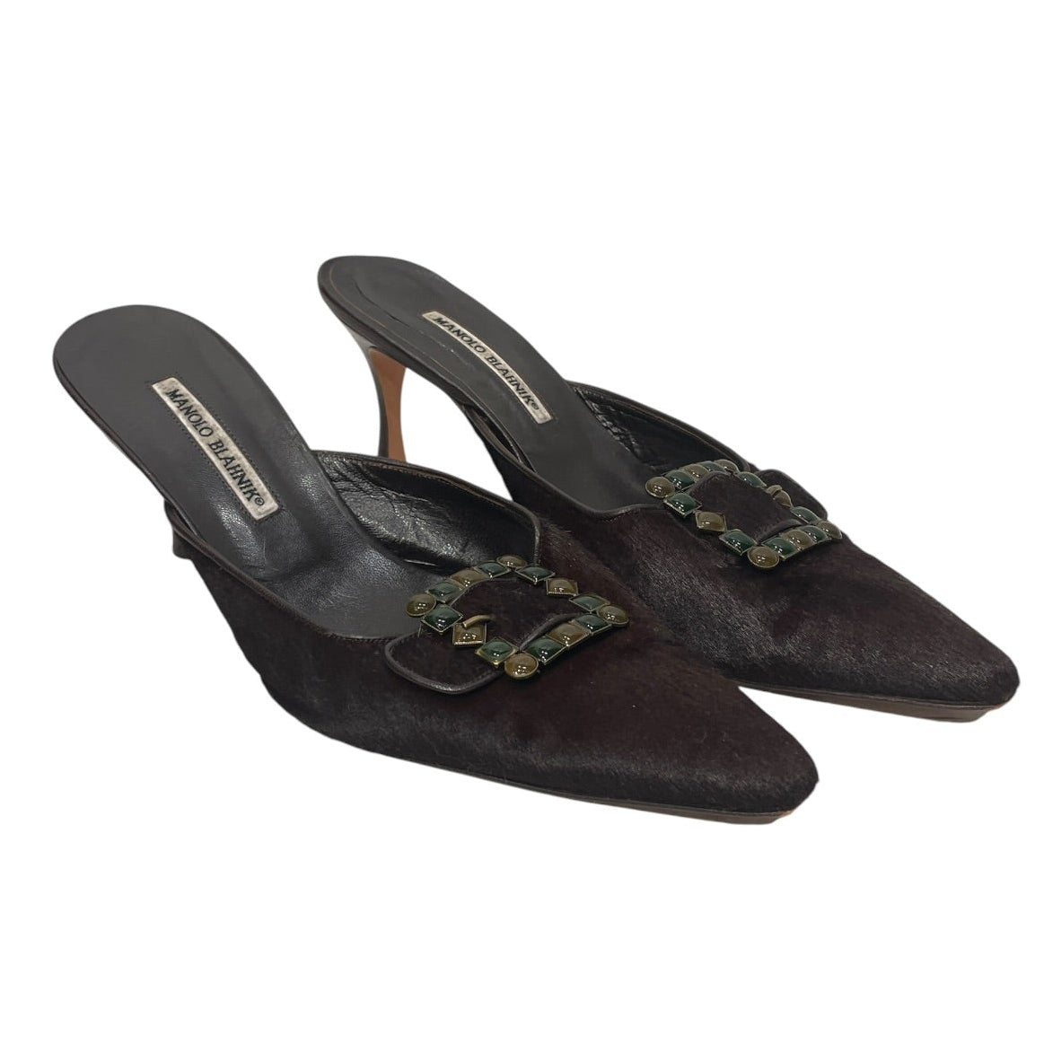 MANOLO BLAHNIK/Heels/EU 42/Fur/BRW/amber and emerald gem buckle view 1