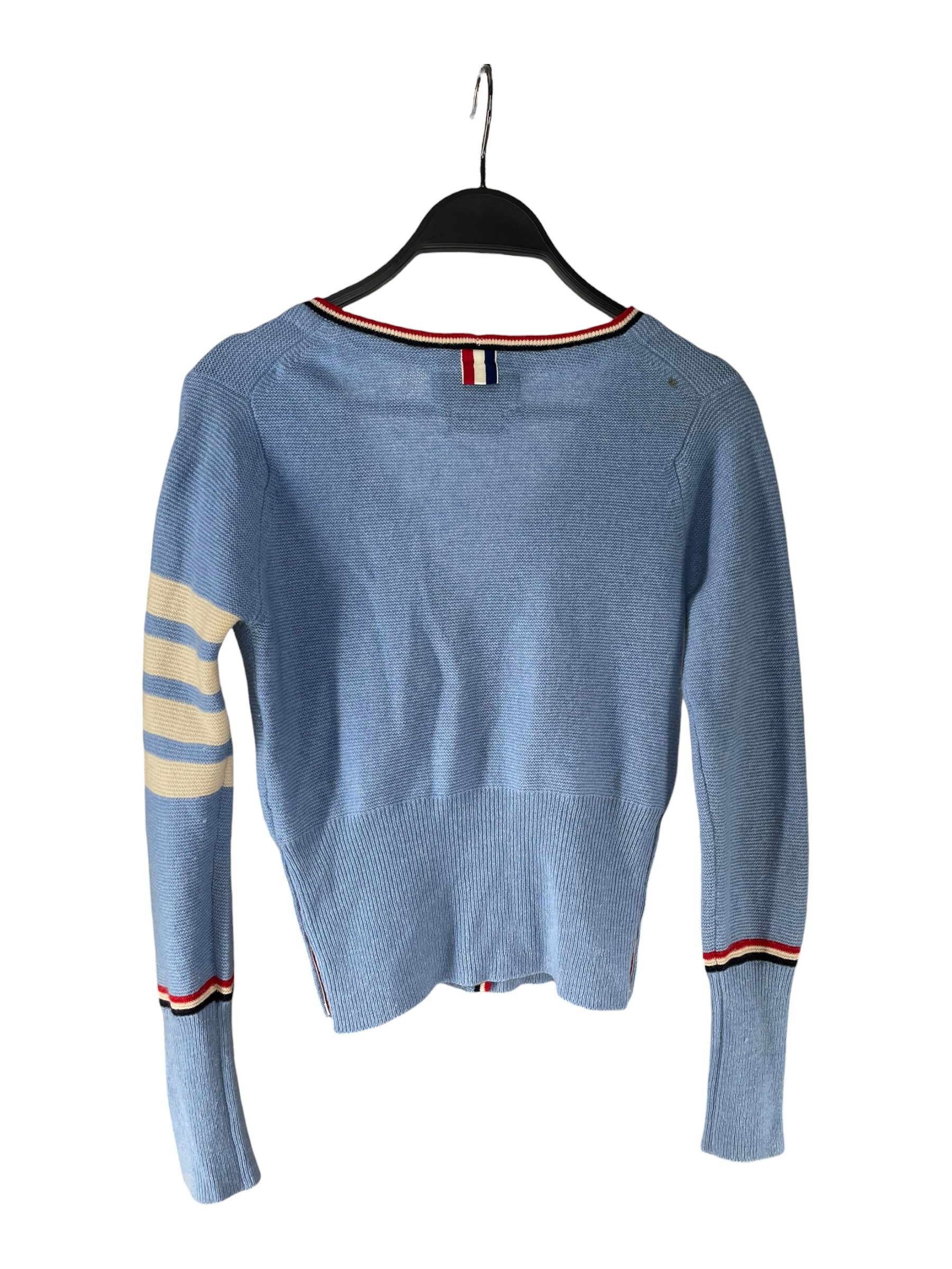 THOM BROWNE. NEW YORK/Cardigan/0/Wool/BLU/CROPPED STRIPE CARDIGAN view 2