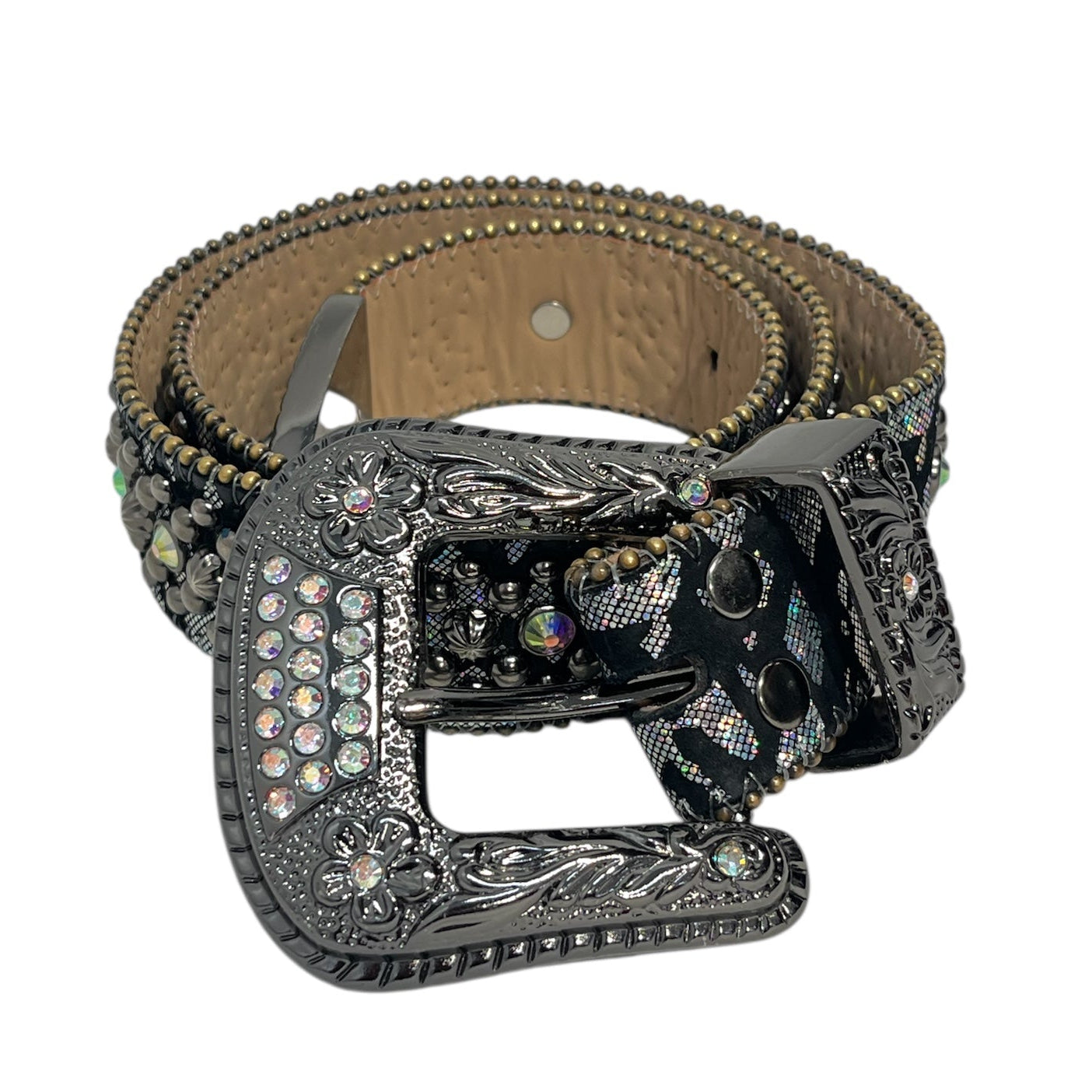b.b.simon/Belt/Leather/BLK/SILVER ZEBRA FLORAL BUCKLE view 1