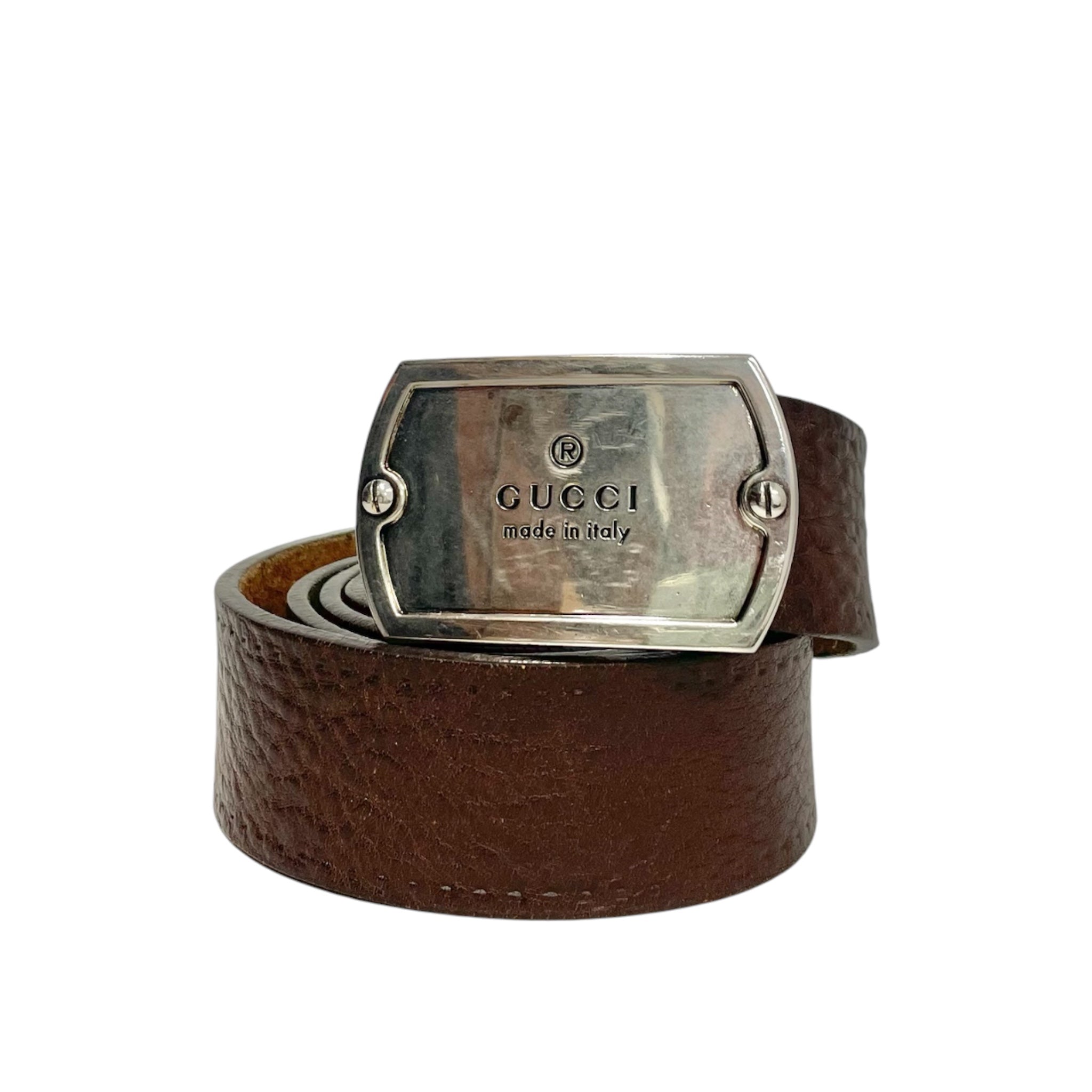GUCCI/Belt/Leather/BRW/M's/GUCCI SILVER BUCKLE BELT view 1