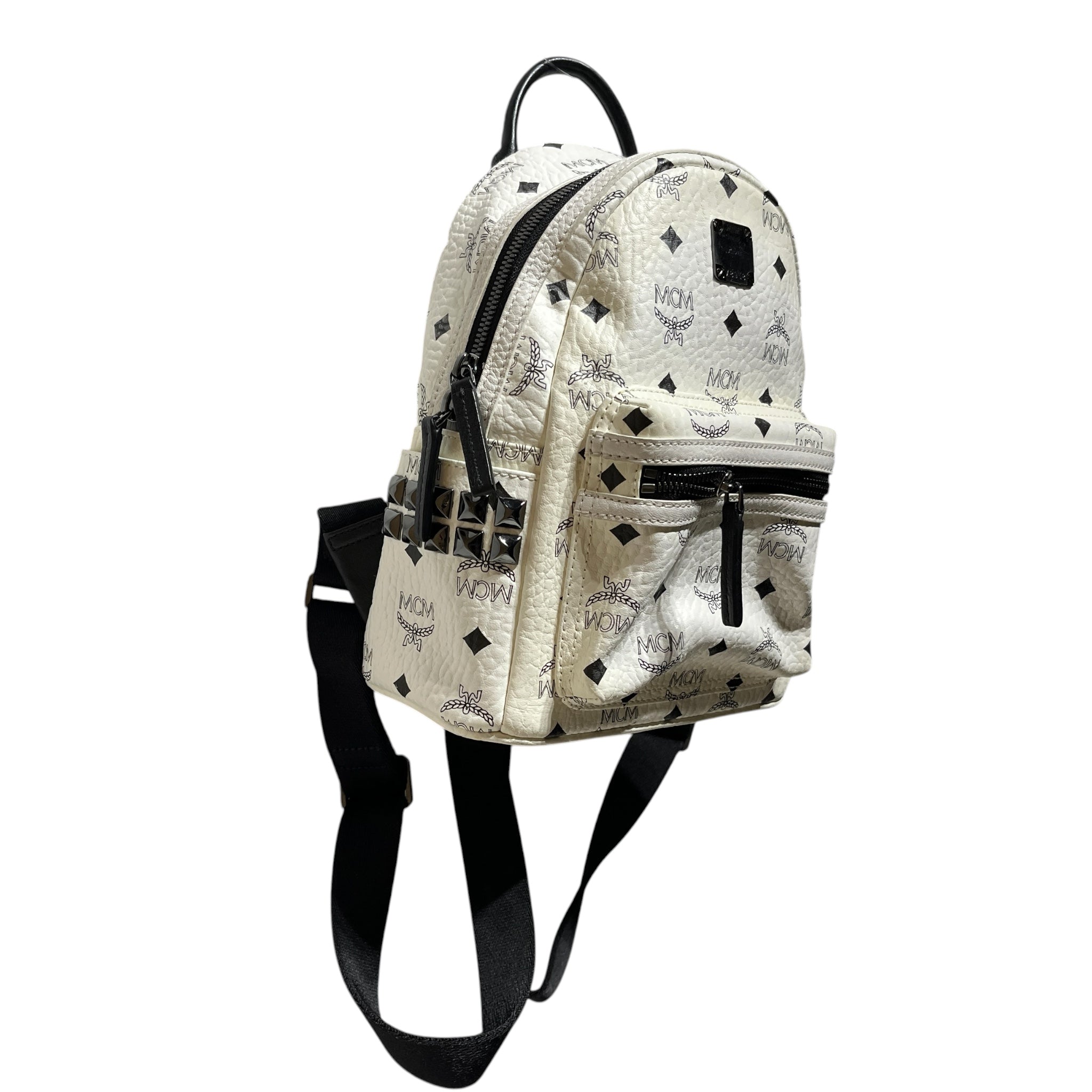 MCM/Backpack/Monogram/Leather/WHT/black studded mini view 2