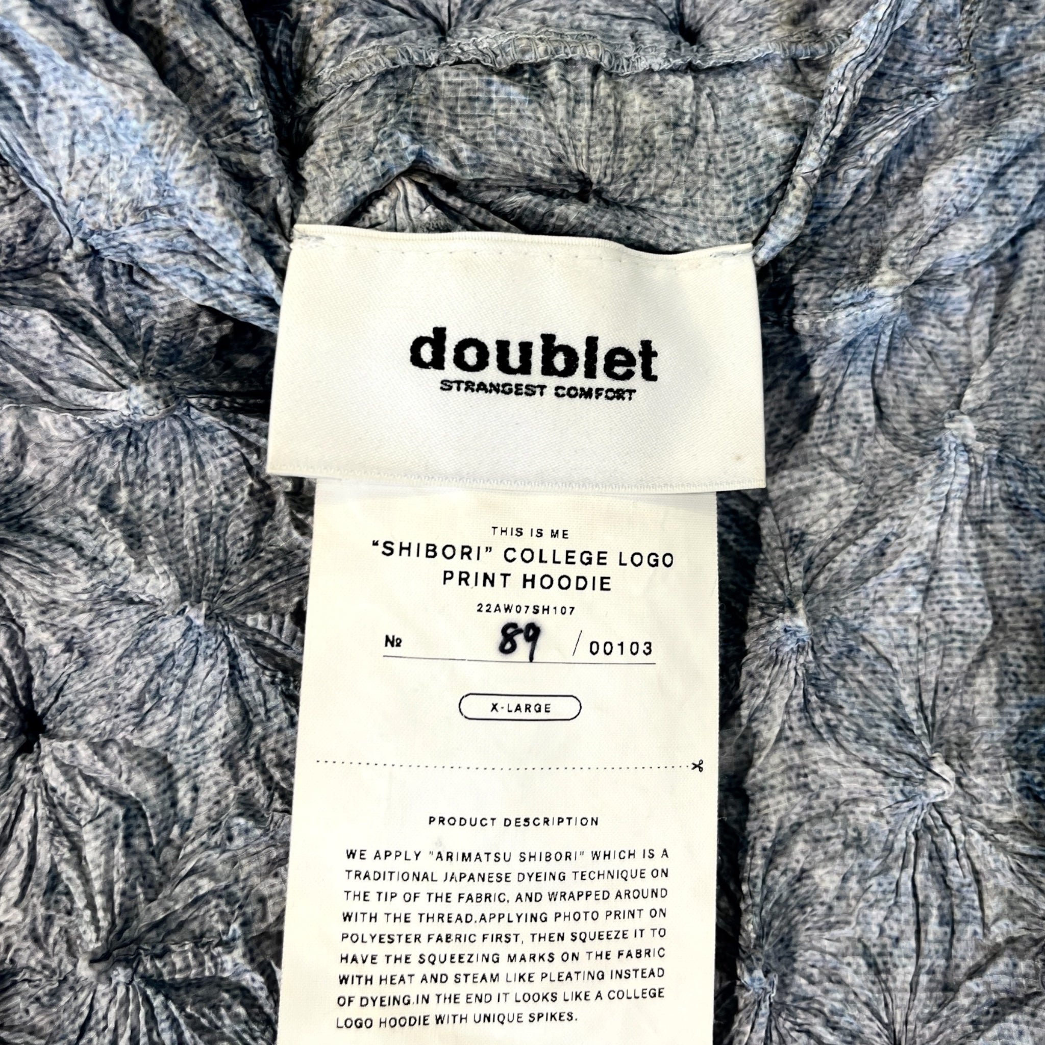 doublet/Hoodie/XL/Polyester/BLU/Oversize/F/W 22 SHIBORI COLLEGE LOGO view 6