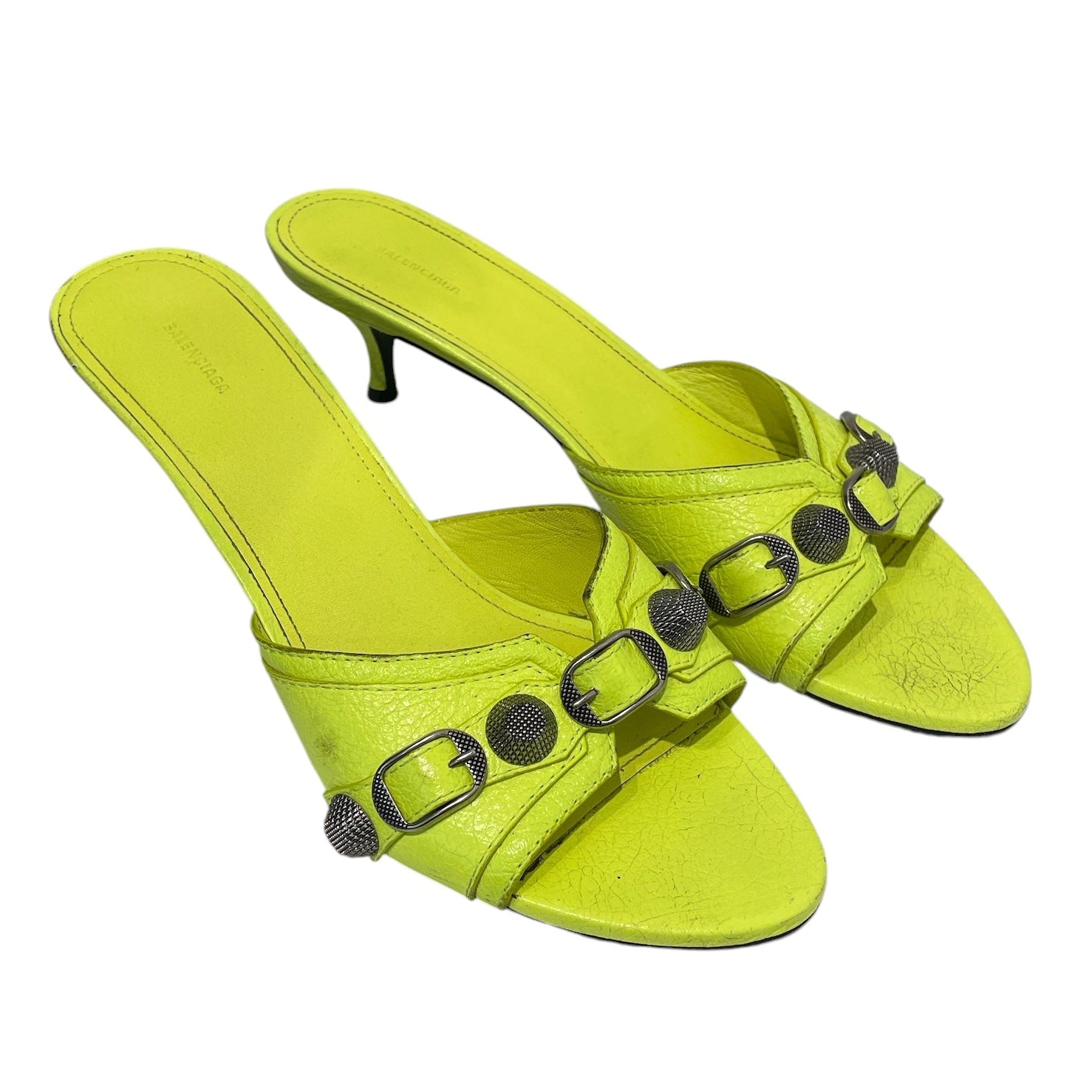 BALENCIAGA/Heels/EU 40/Leather/GRN/neon green cagole kitten heels view 1