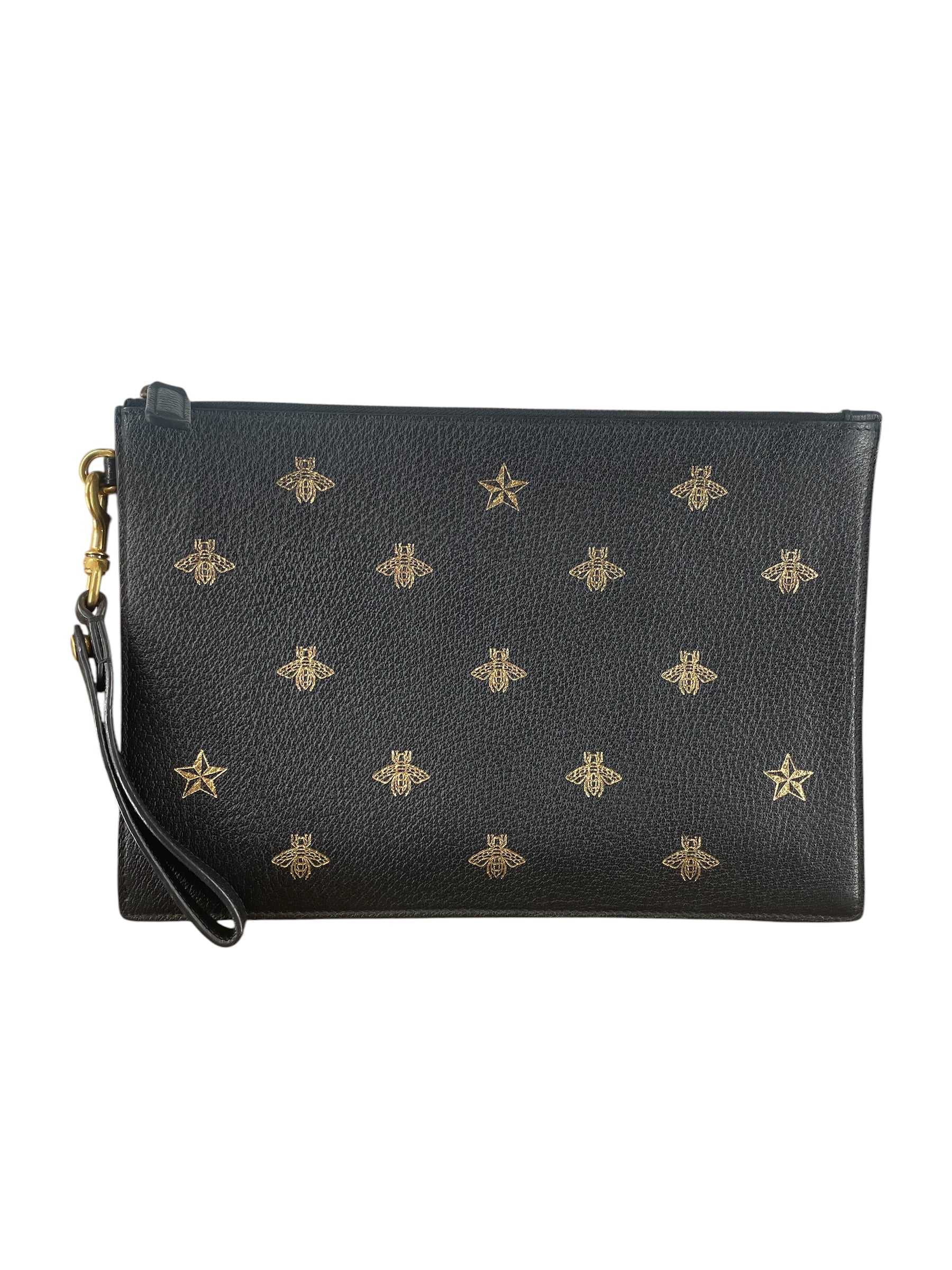 GUCCI/Pouch/All Over Print/Leather/BLK/CALFSKIN BEE STAR ZIP CLUTCH view 1