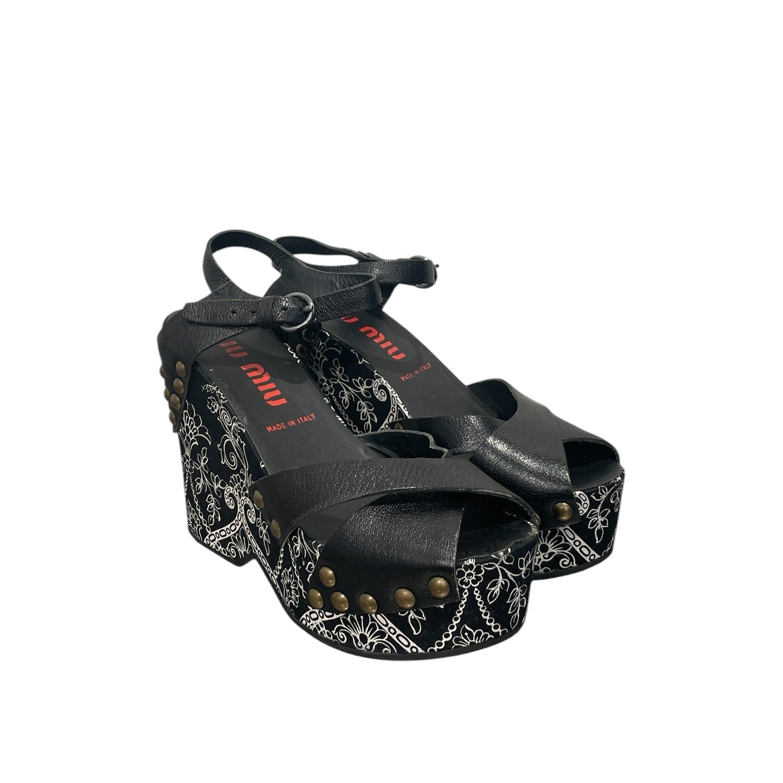 MIU MIU/Heels/EU 37/Floral Pattern/Leather/BLK/STUDDED WEDGE PLATFORMS view 1