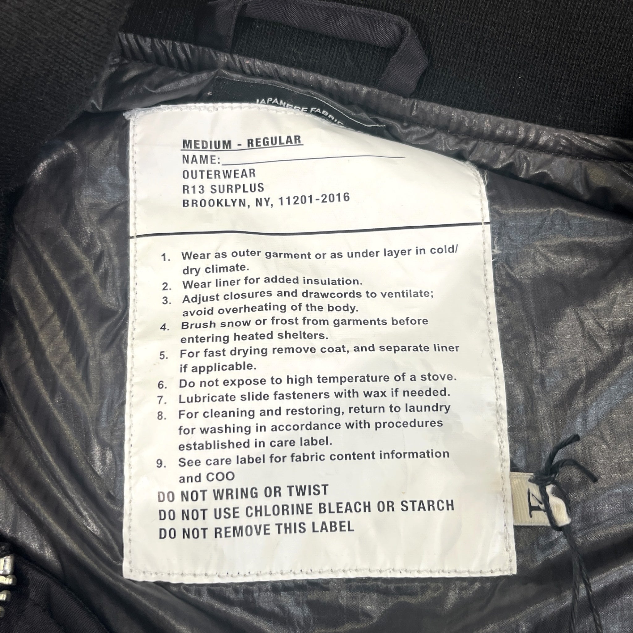 R13/Flight Jkt/M/Nylon/BLK/No Collar/ZIP OUT DOWN BOMBER view 3