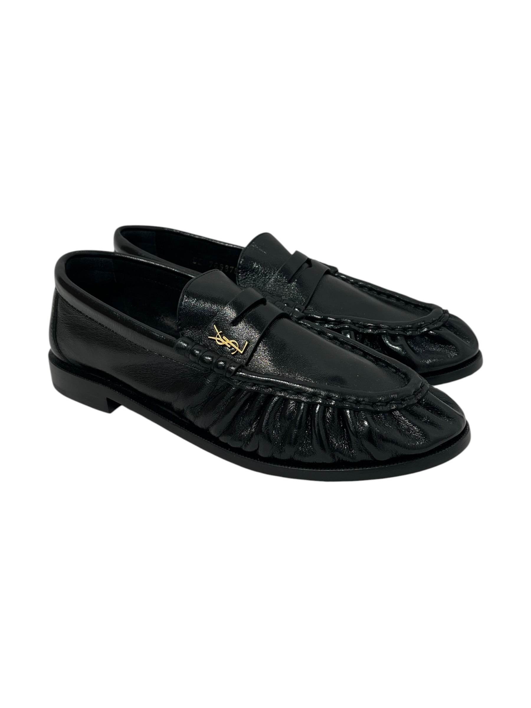 SAINT LAURENT/Loafers/EU 37/Leather/BLK/ruffled front penny loafer view 1