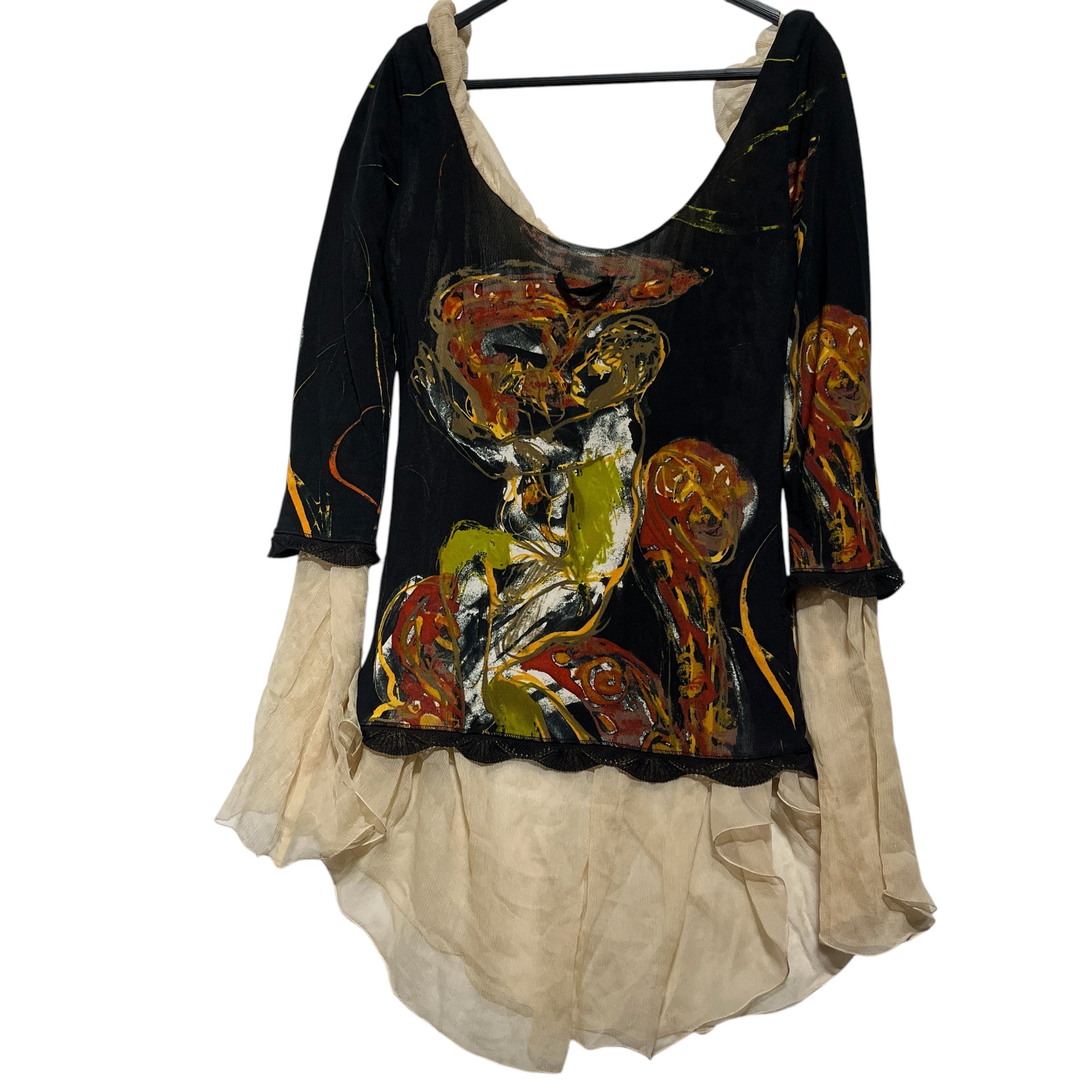 Jean Paul Gaultier/LS Blouse/M/All Over Print/Silk/MLT/off shoulder graphic / stain view 3