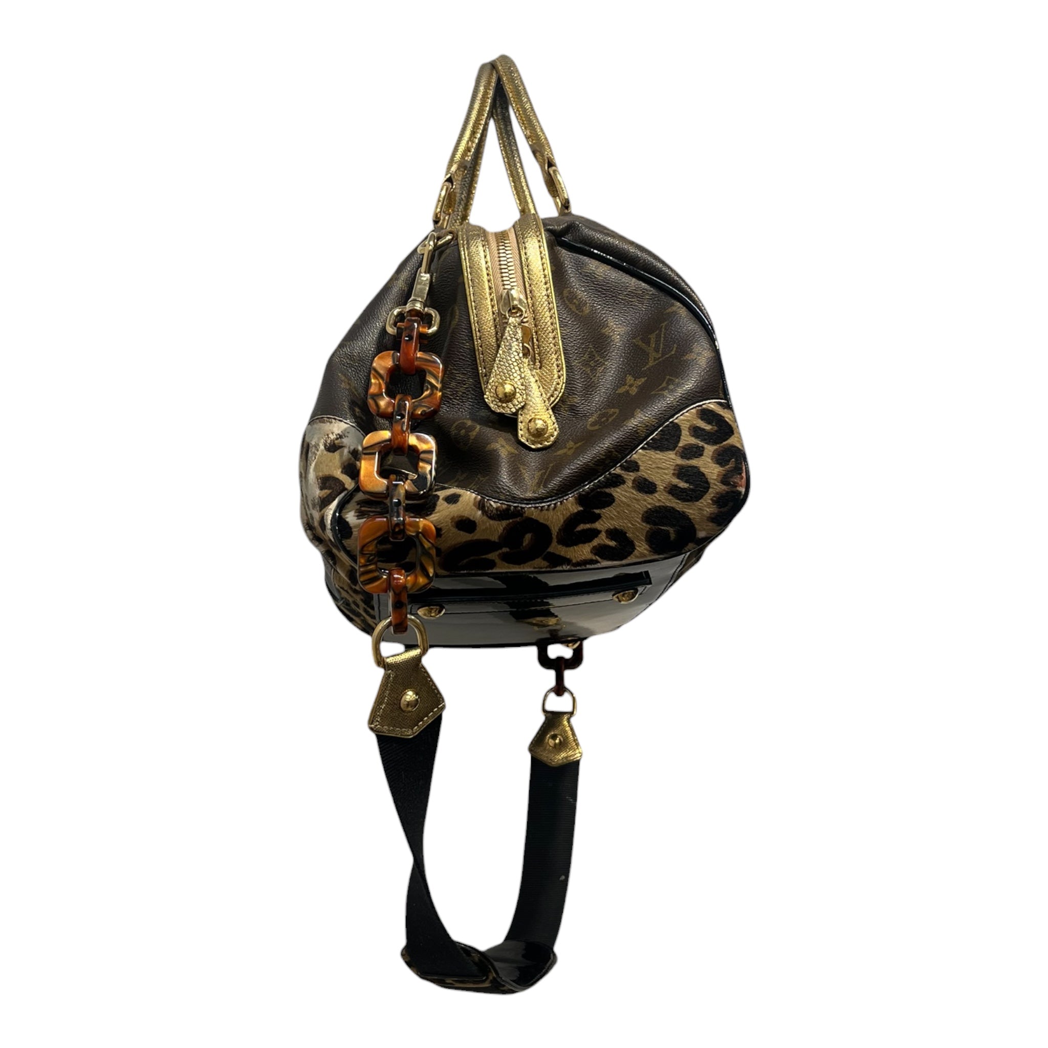 LOUIS VUITTON/Hand Bag/Monogram/BRW/gold accent with leopord bottm view 2
