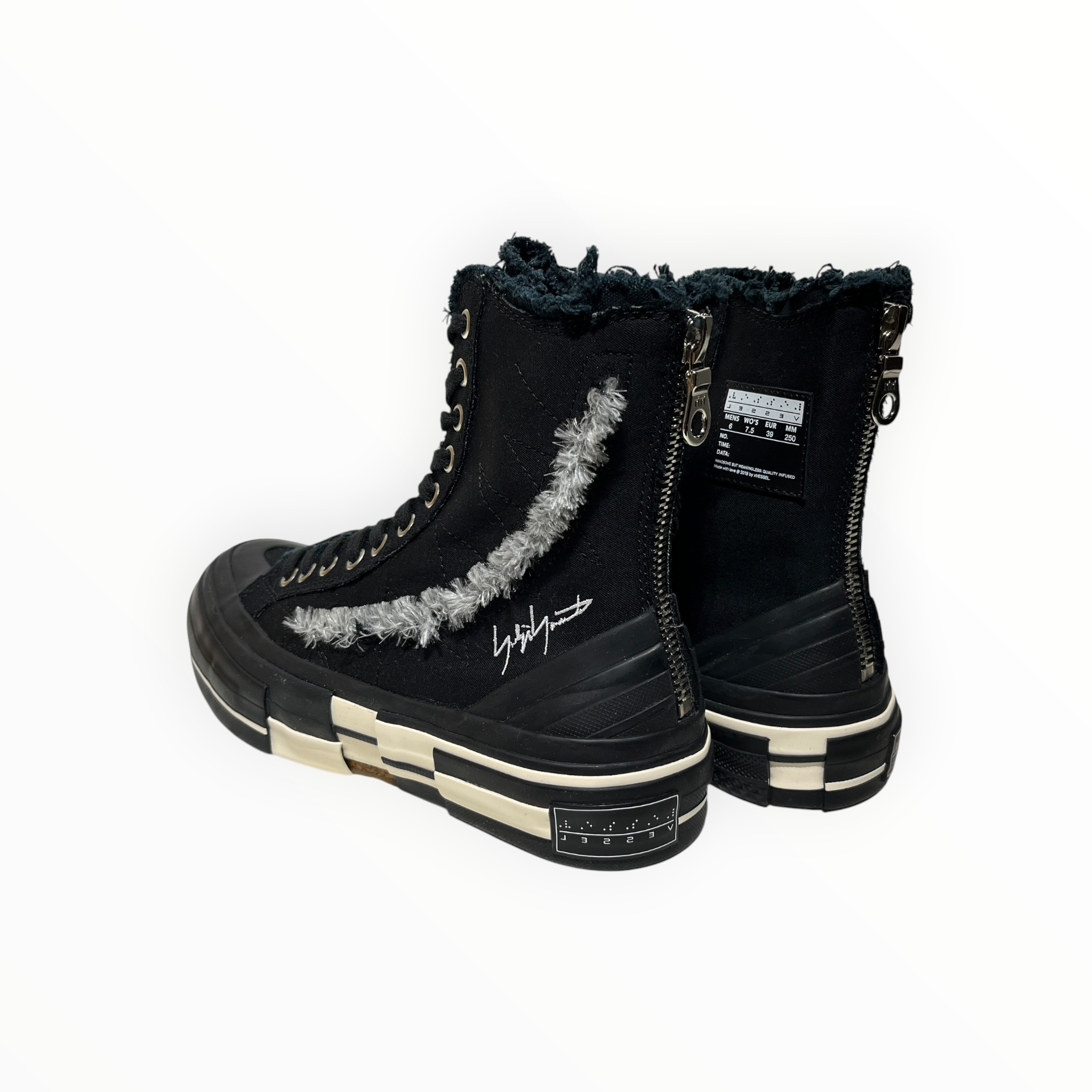 yohji yamamoto POUR HOMME/VESSEL/Hi-Sneakers/EU 39/Cotton/BLK/NWT/Raw edge/zipper back view 2