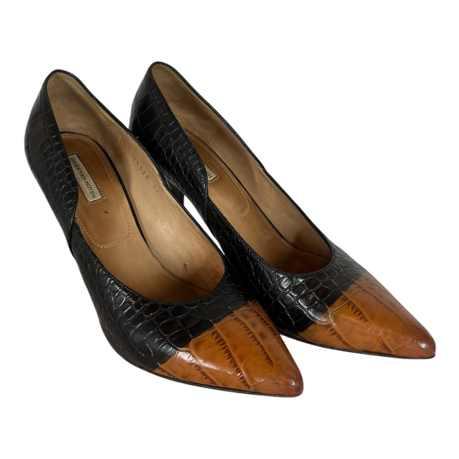 DRIES VAN NOTEN/Heels/EU 38/Animal Pattern/Leather/BLK/BROWN TIP view 1