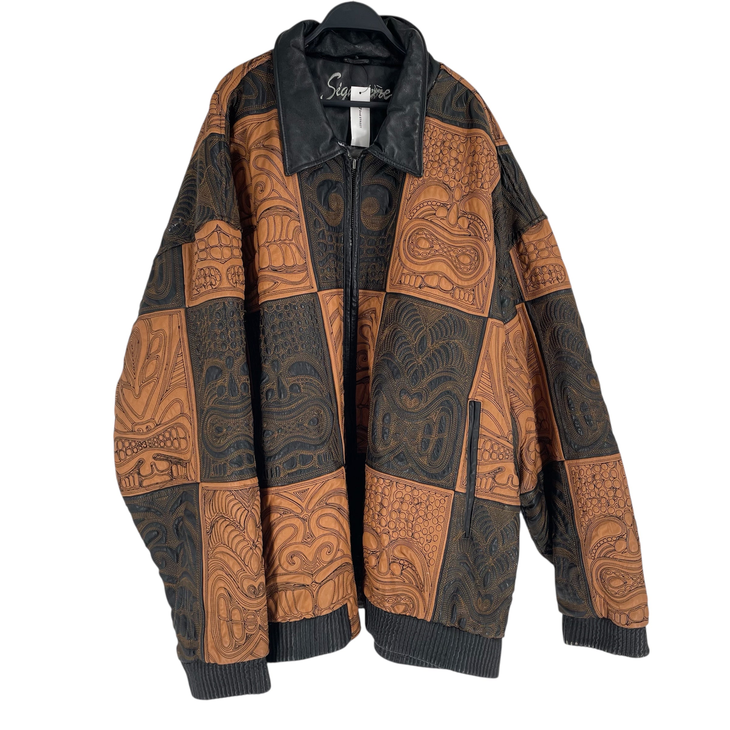 signture /Leather Jkt/Leather/BRW/All Over Print/tiki faces all over pelle styl view 1