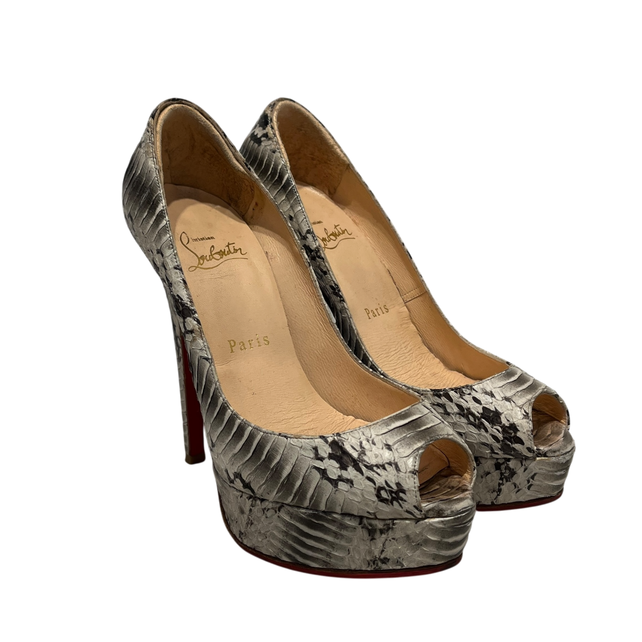 Christian Louboutin/Heels/EU 36/Animal Pattern/Leather/BEG/U-Tip/Beige Python Peep Toe Pumps view 1