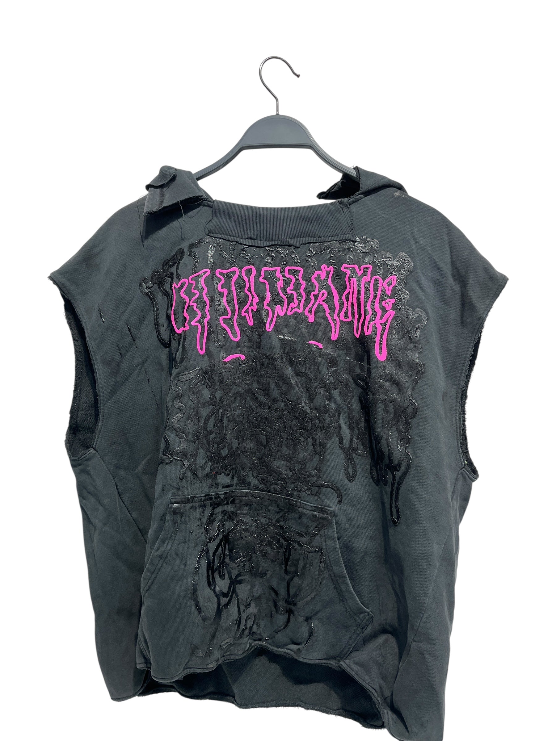 HUBANE/Vest/Cotton/BLK/SLEEVELESS HOODIE W PINK TEXT view 1