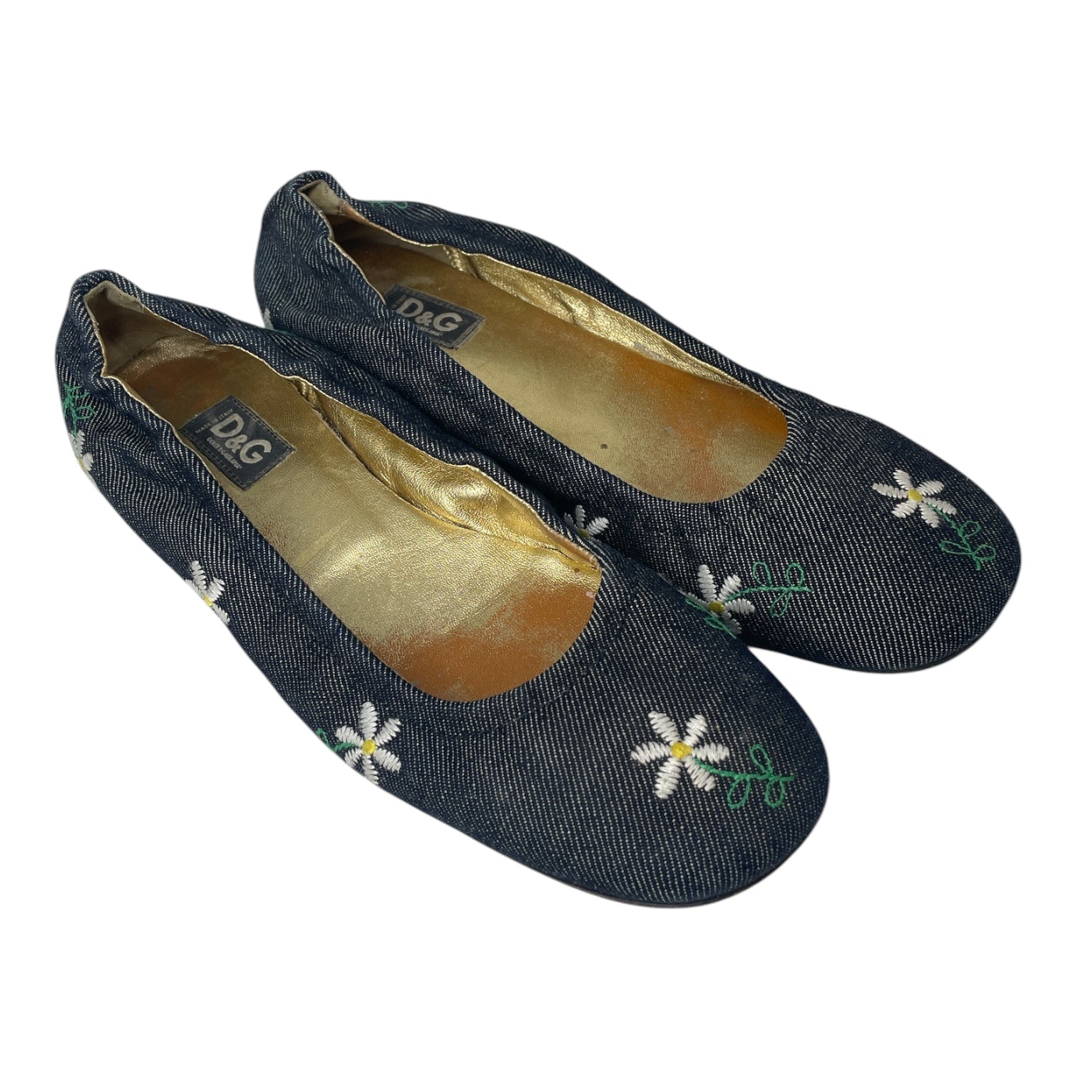 DOLCE&GABBANA/Flat Shoes/EU 37/Floral Pattern/Denim/NVY/DAISY EMBROIDERED GOLD INNER view 1