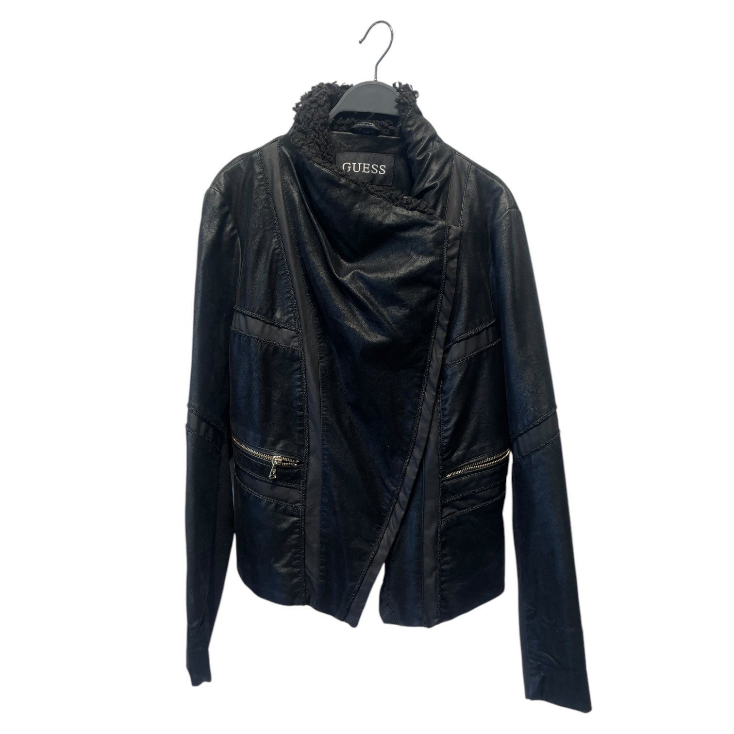 GUESS/Leather Jkt/L/Rayon/BLK/No Collar/GOLD HARDWARE/FLEECE COLLAR view 1