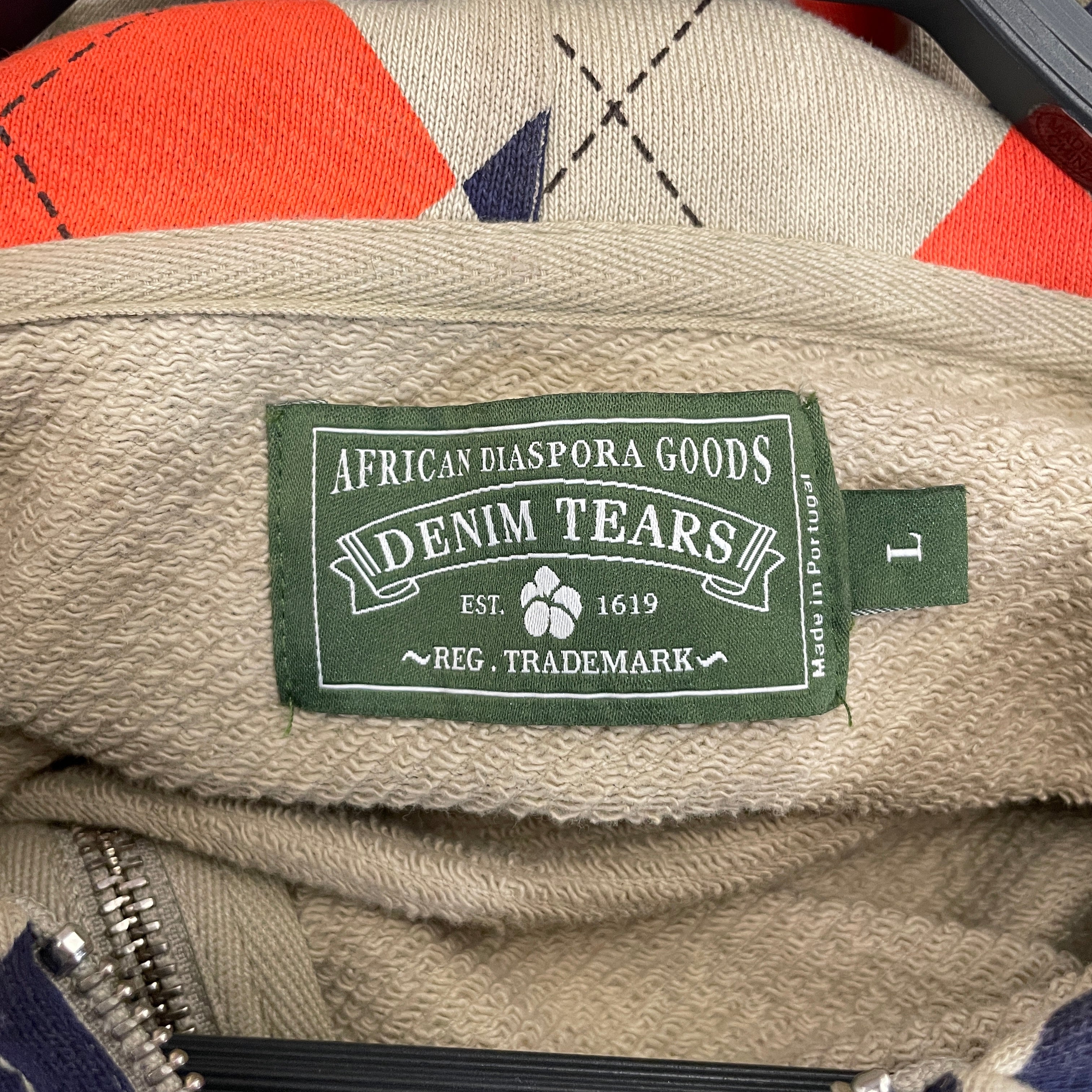 DENIM TEARS/Zip Up Hoodie/L/All Over Print/Cotton/BEG/derby intarsia view 3