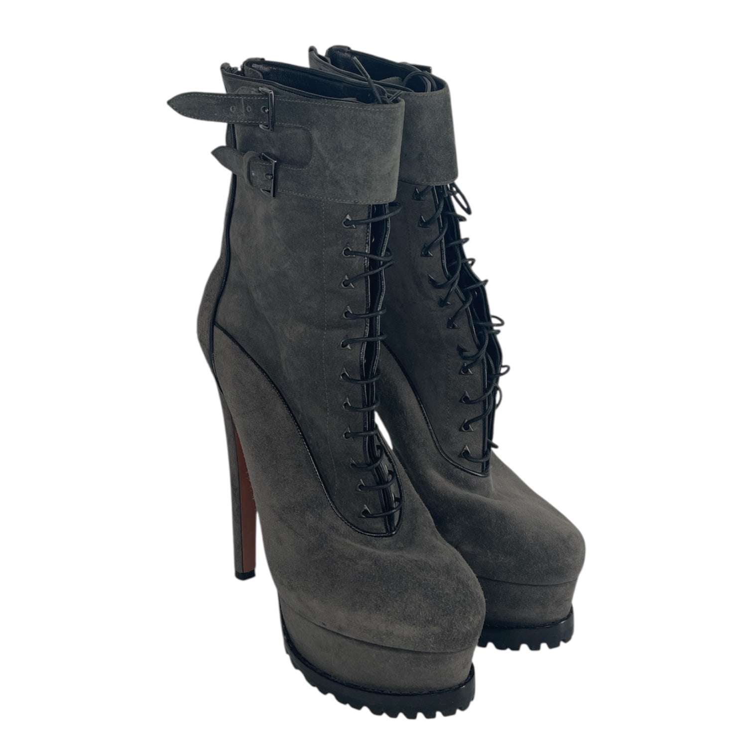 ALAIA/Boots/EU 39.5/Suede/GRY/platform buckle booties view 1