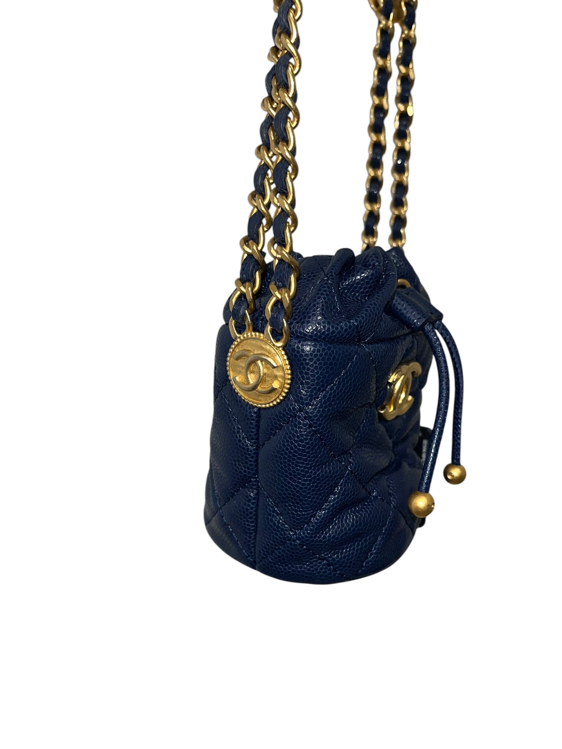 CHANEL/Cross Body Bag/Leather/NVY/caviar mini quilted bucket view 3