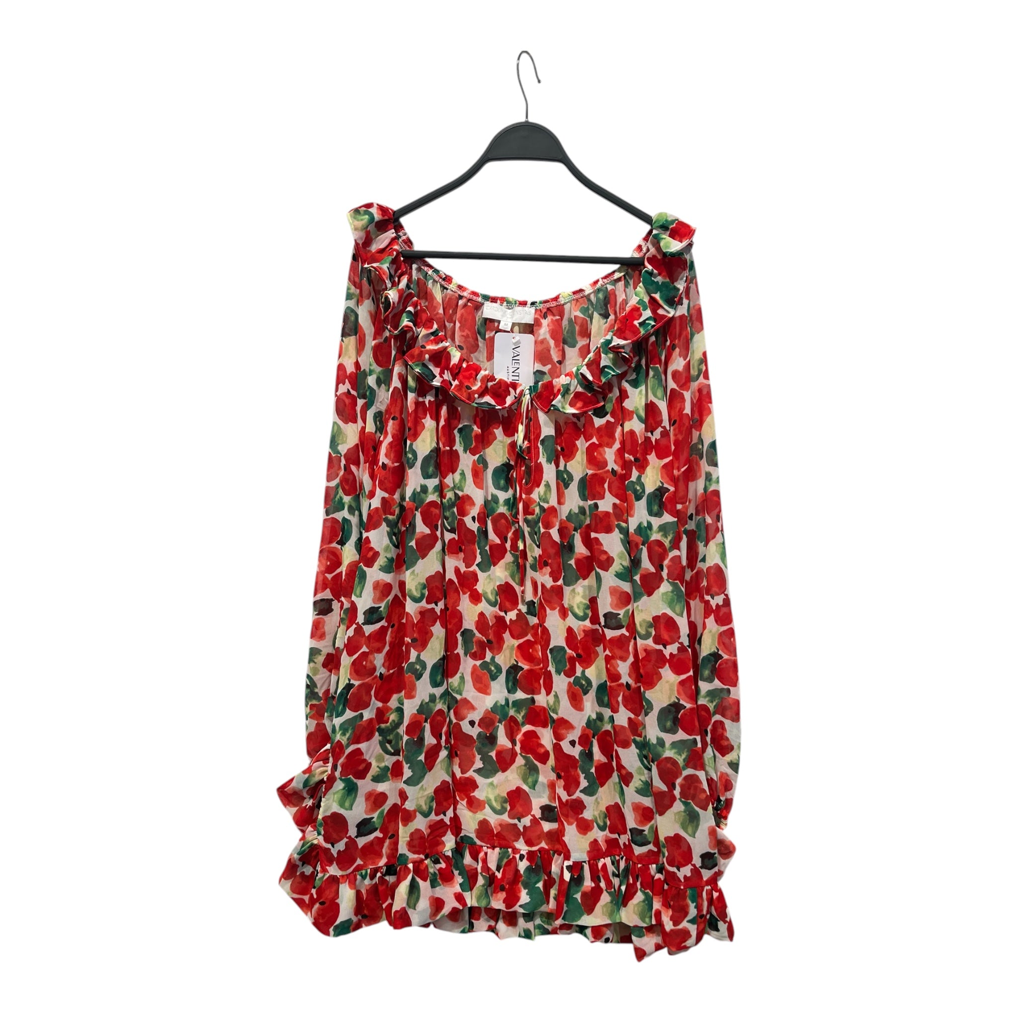 CAROLINE CONSTAS/LS Dress/M/Floral Pattern/Polyester/WHT/SEETHROUGH RED FLOWERS GREEN view 1