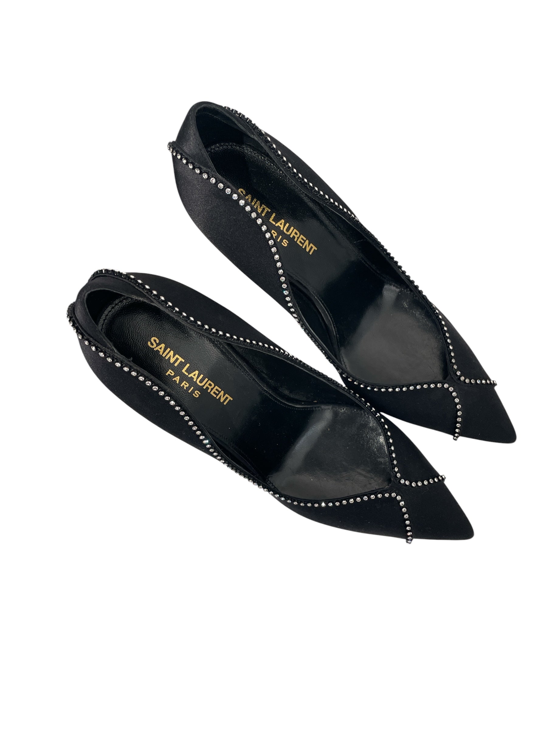SAINT LAURENT/Heels/EU 38/Glitter/Silk/BLK/Pointed-Toe/CRYSTAL PUMPS view 3