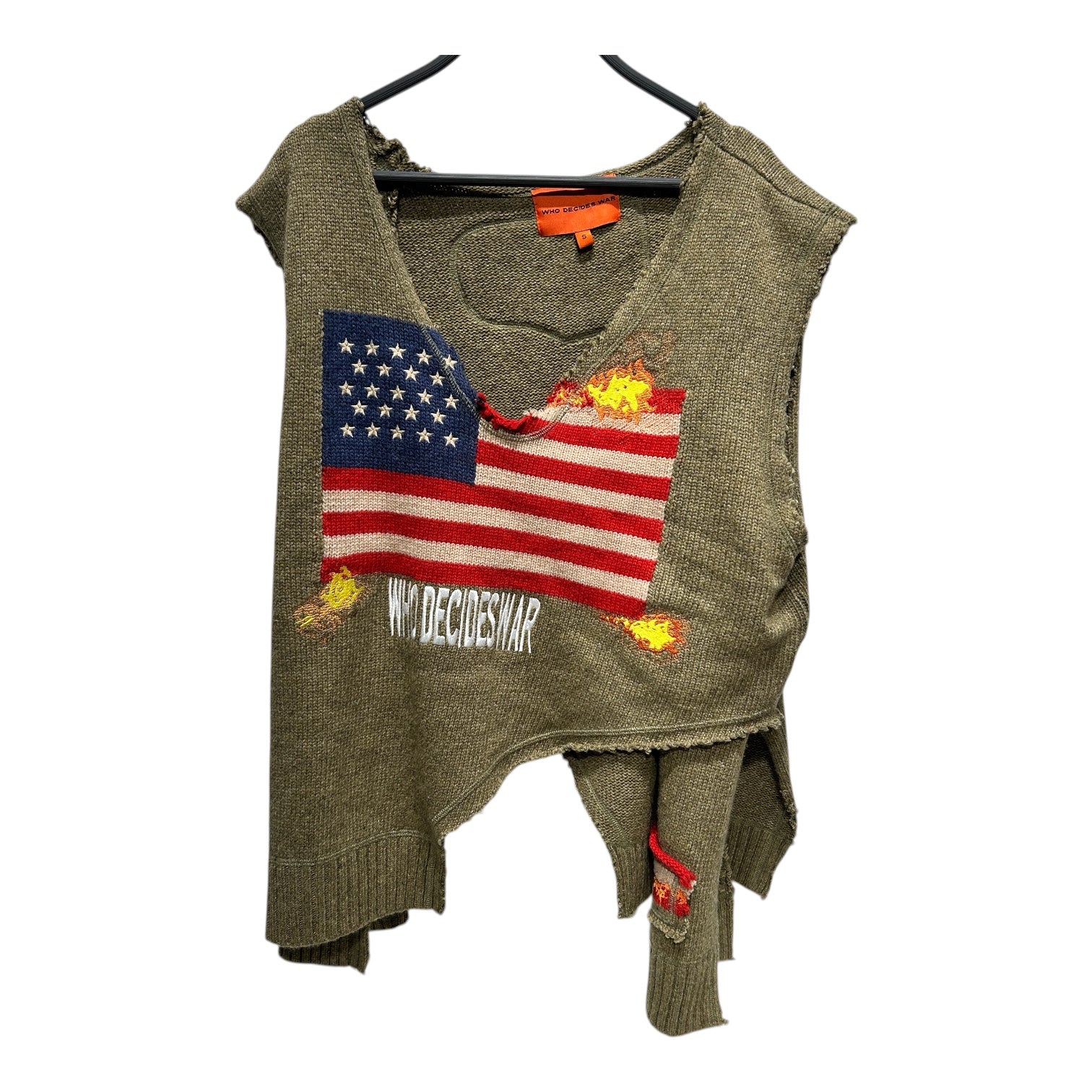 WHO DECIDES WAR/Sweater/S/Graphic/Wool/KHK/DISTRESSED AMERICAN FLAG FLAME view 1