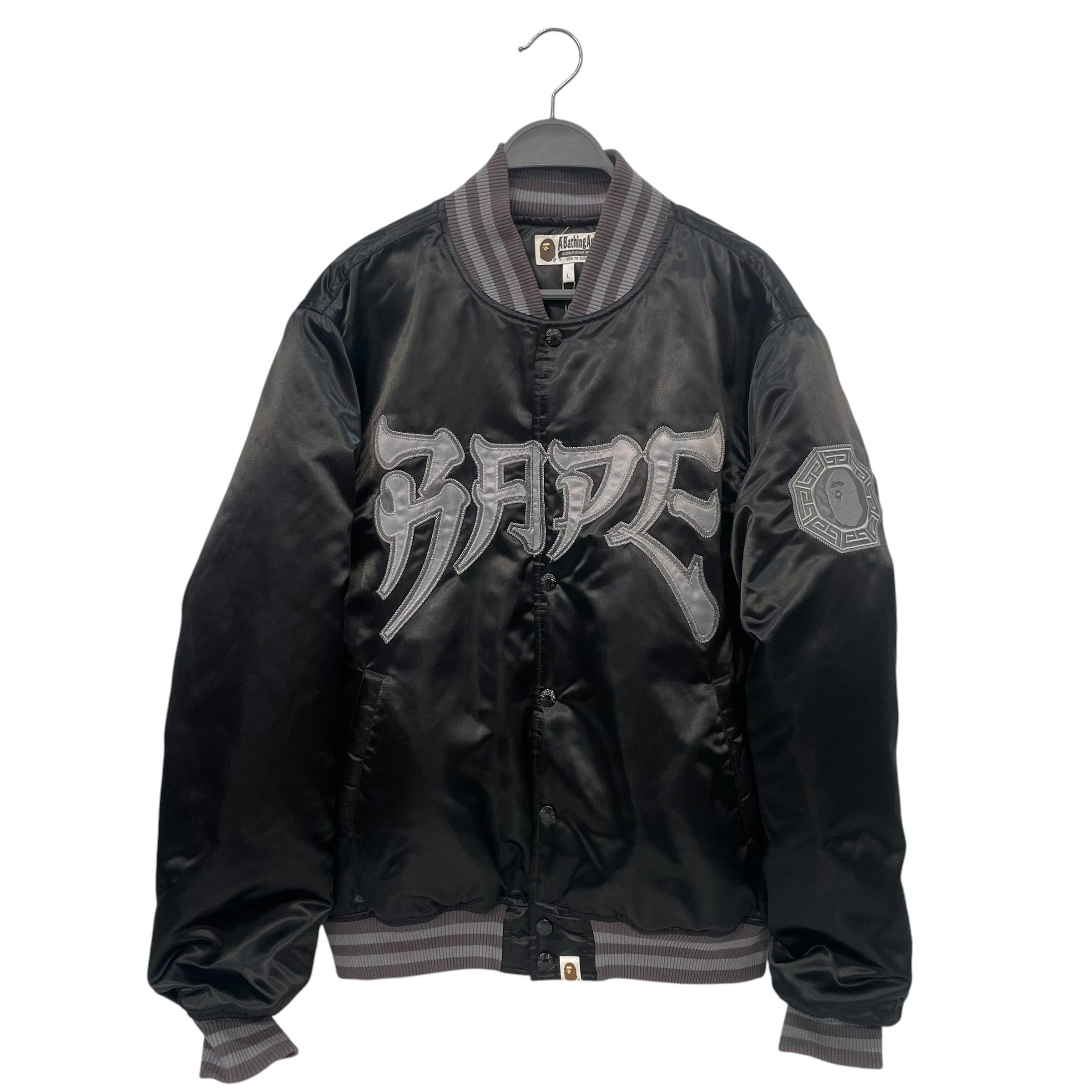A BATHING APE/Souvenir Jkt/L/Silk/BLK/SATIN VARSITY JACKET view 1
