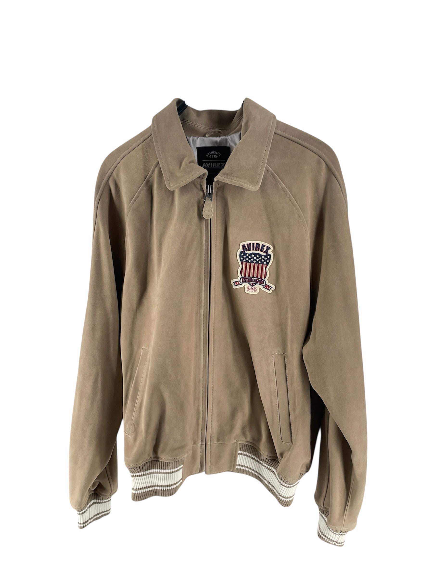 AVIREX/Jacket/XL/Suede/KHK/VARSITY BOMBER/ LOGO BACK/FRNT view 1