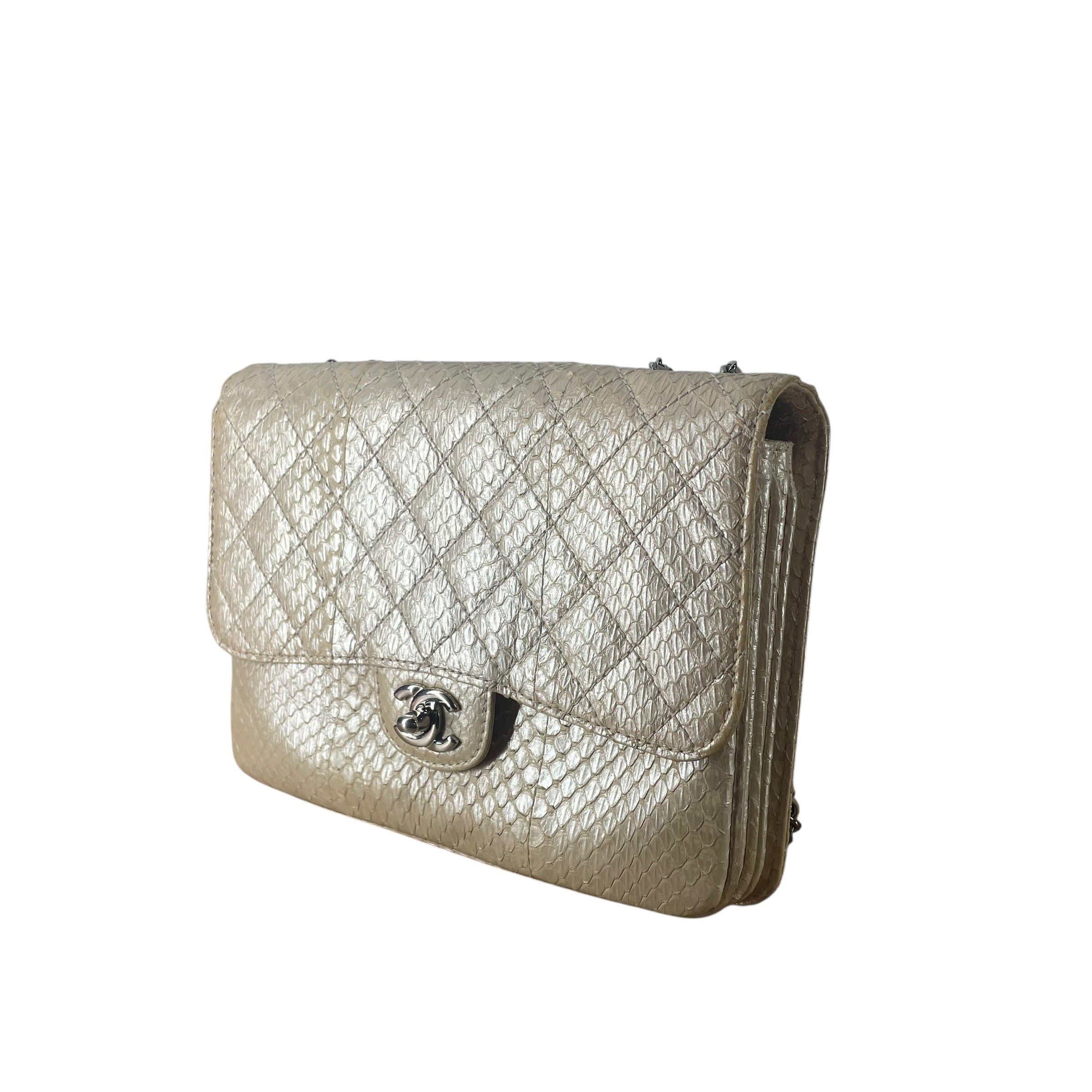 CHANEL/Cross Body Bag/Animal Pattern/Leather/CRM/PYTHON CLASSIQUE SIL HARDWARE view 3