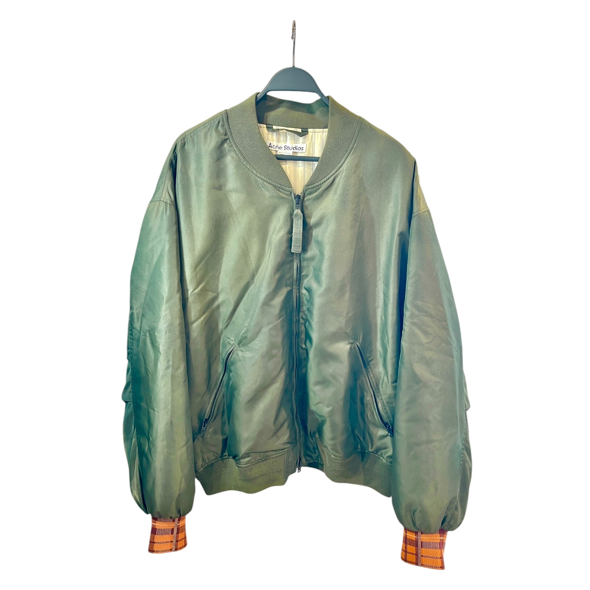 Acne Studios/Flight Jkt/50/Polyester/KHK/No Collar/SATIN BOMBER W/ ORANGE SLEEVES view 1