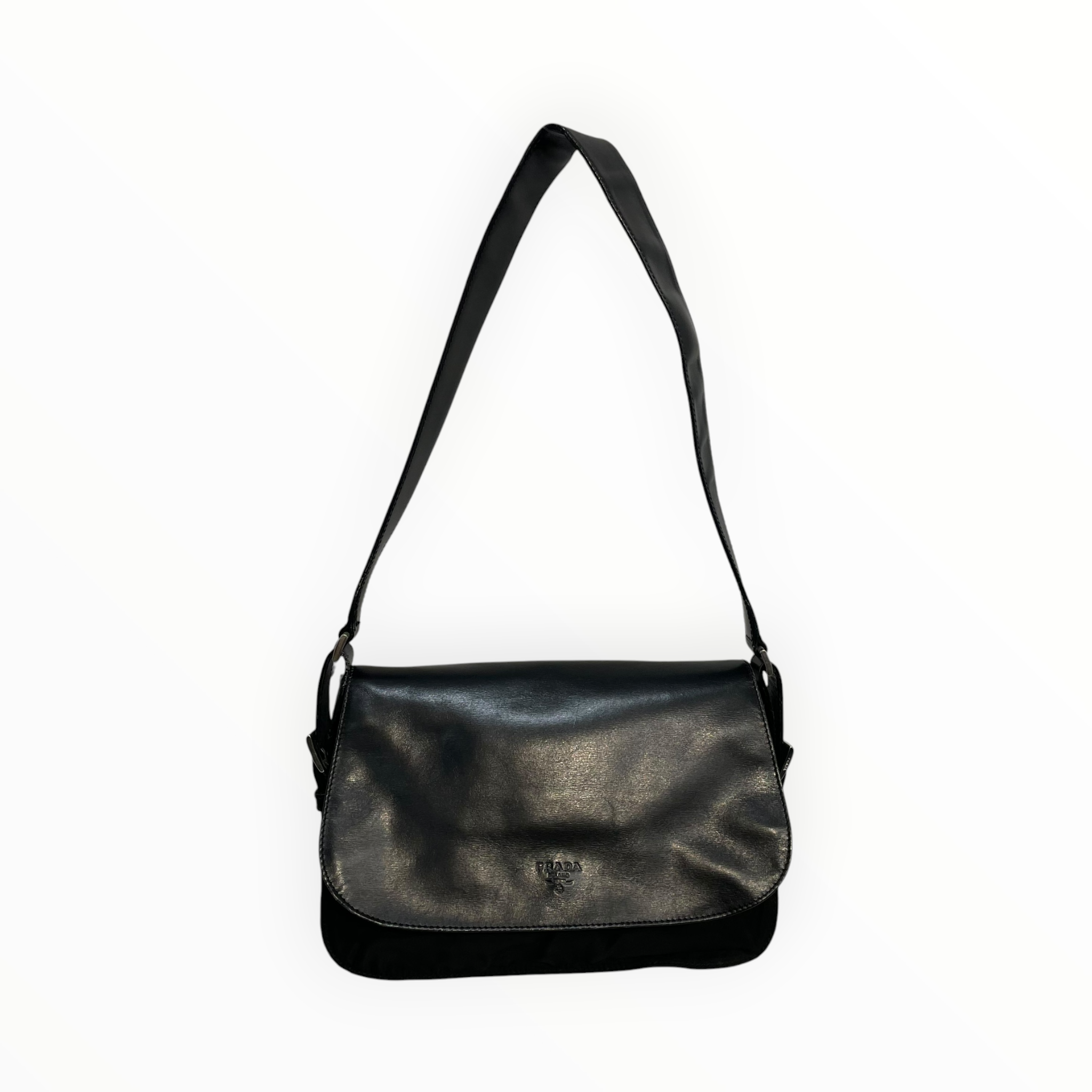 PRADA/Bag/Nylon/BLK/leather flap messenger vintage view 1