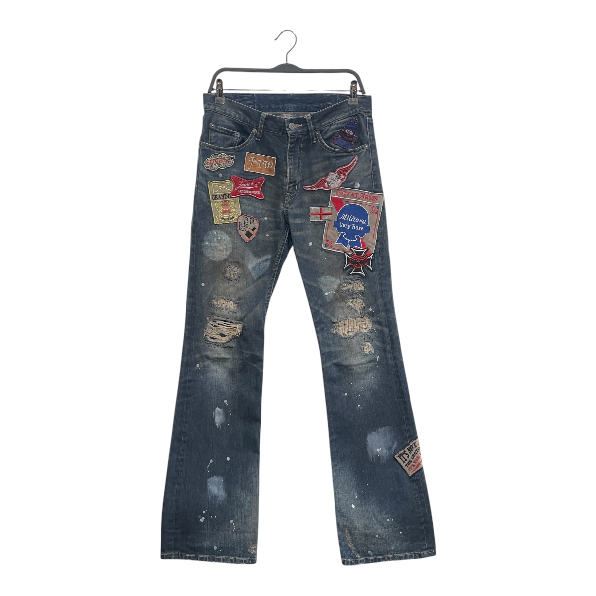 army of no/Bootcut Pants/32/Cotton/BLU/All Over Print/STRIPE PATCHES ALL OVER