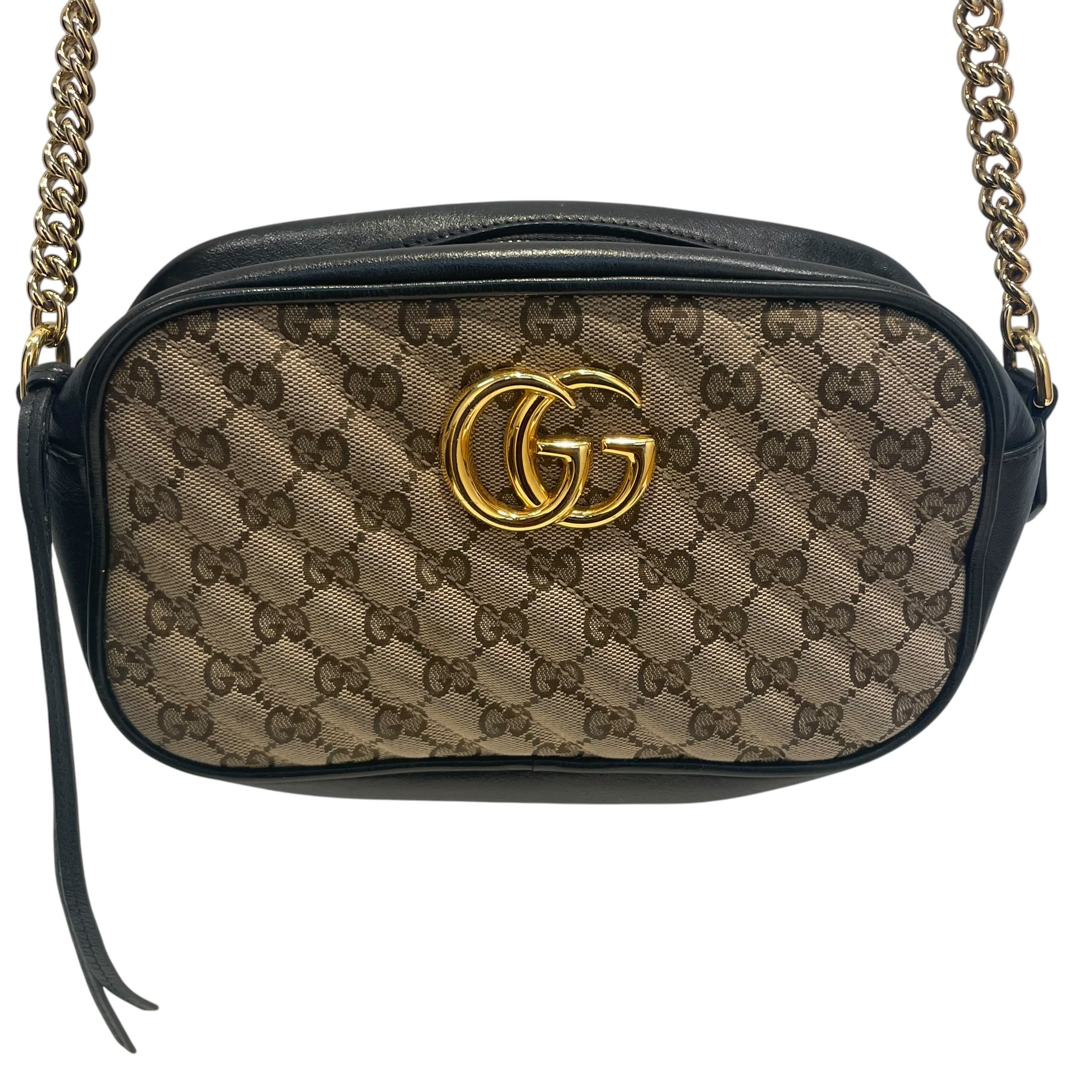 GUCCI/Cross Body Bag/Monogram/KHK/gold hardware on front view 3