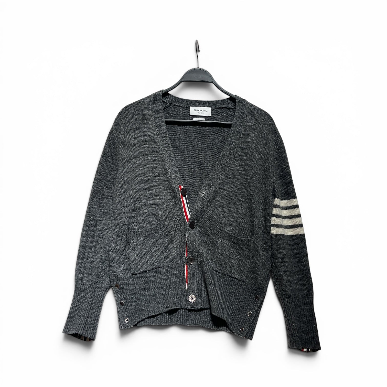 THOM BROWNE. NEW YORK/Cardigan/2/Wool/GRY/STRIPE SLEEVE view 1