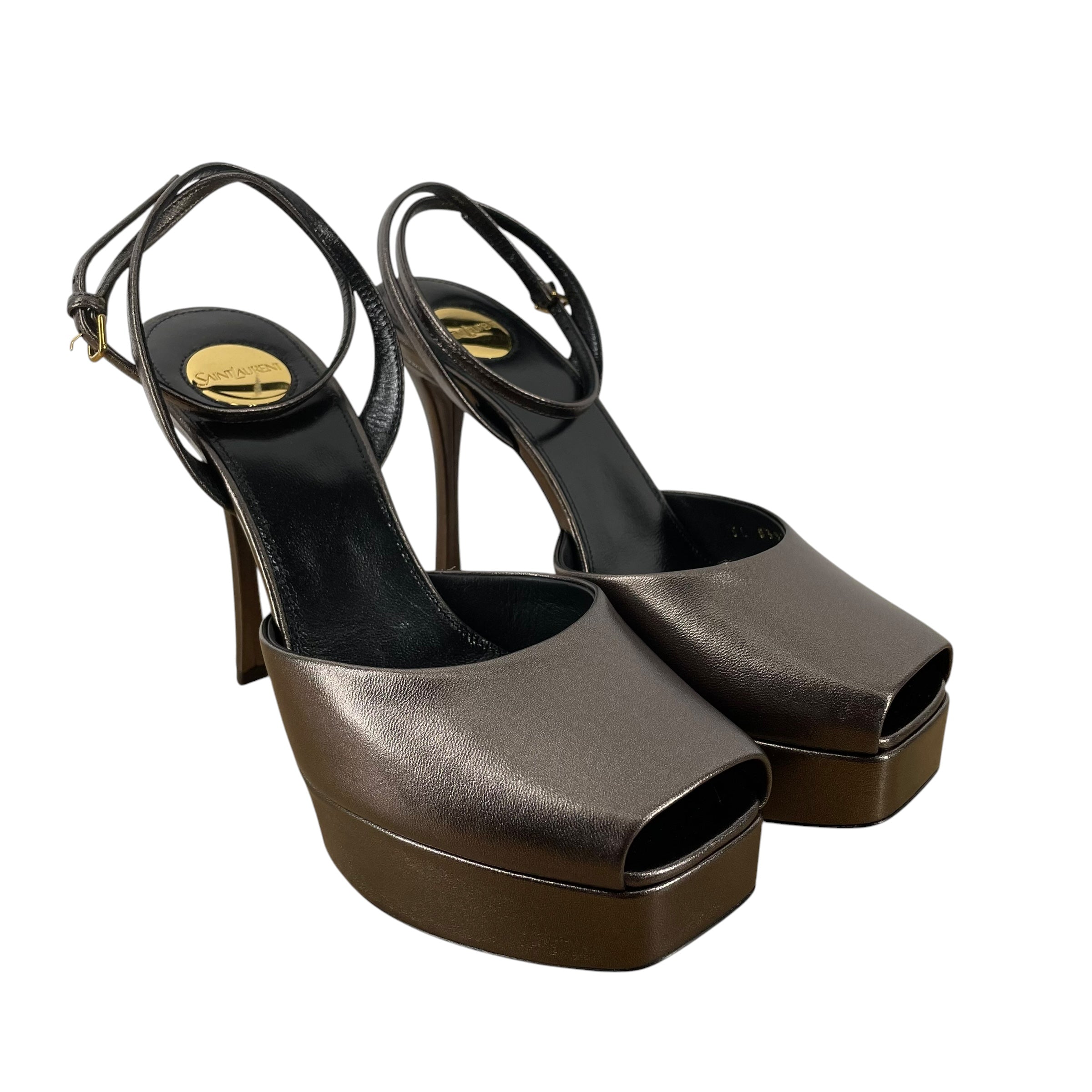 SAINT LAURENT/Heels/EU 38/Leather/GRY/Open-Toe/PEEP TOE ANKLE STRAP view 1