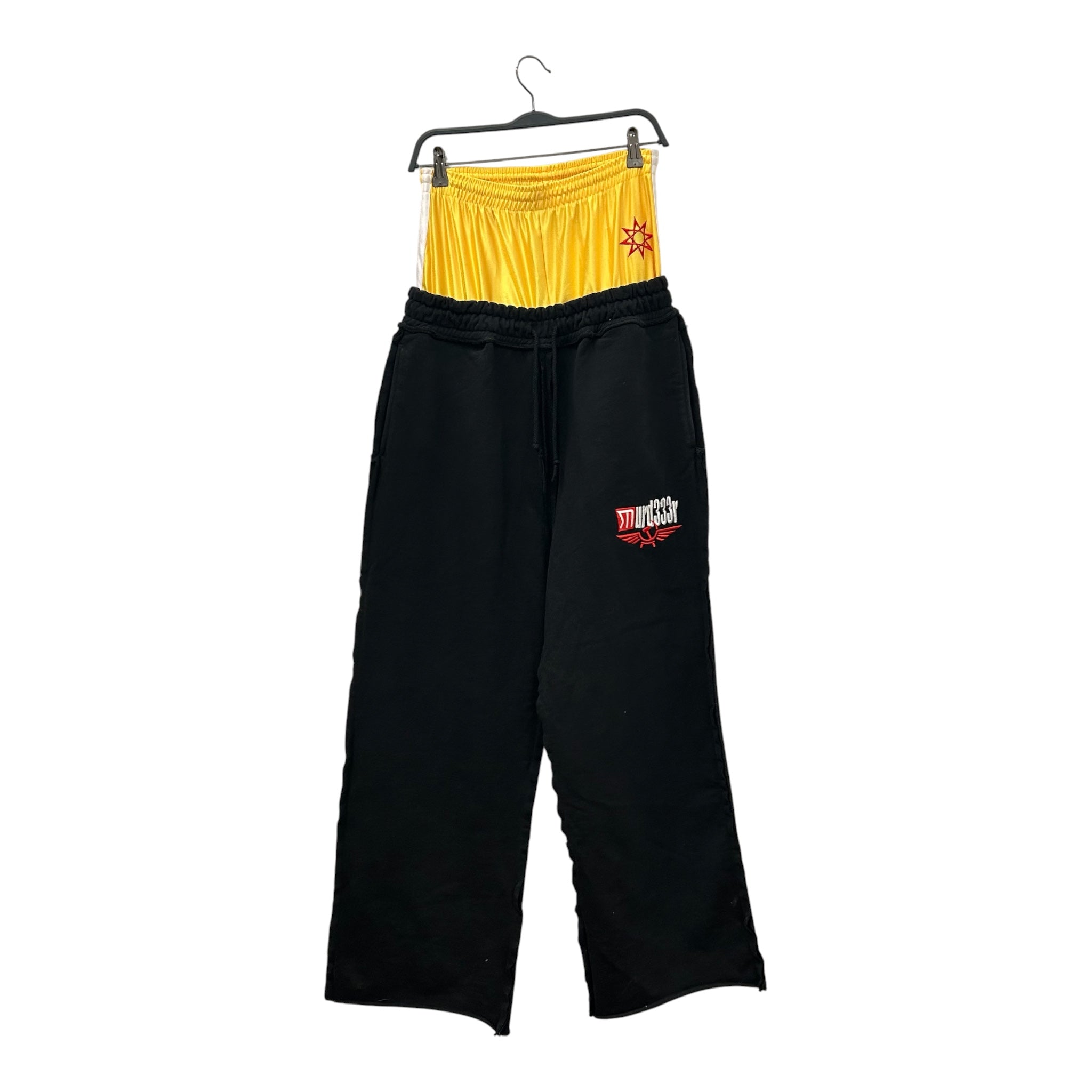 GREEDY UNIT/MURD333R.FM/Straight Pants/S/Cotton/BLK/DOUBLE LAYER YELLOW WAIST view 1